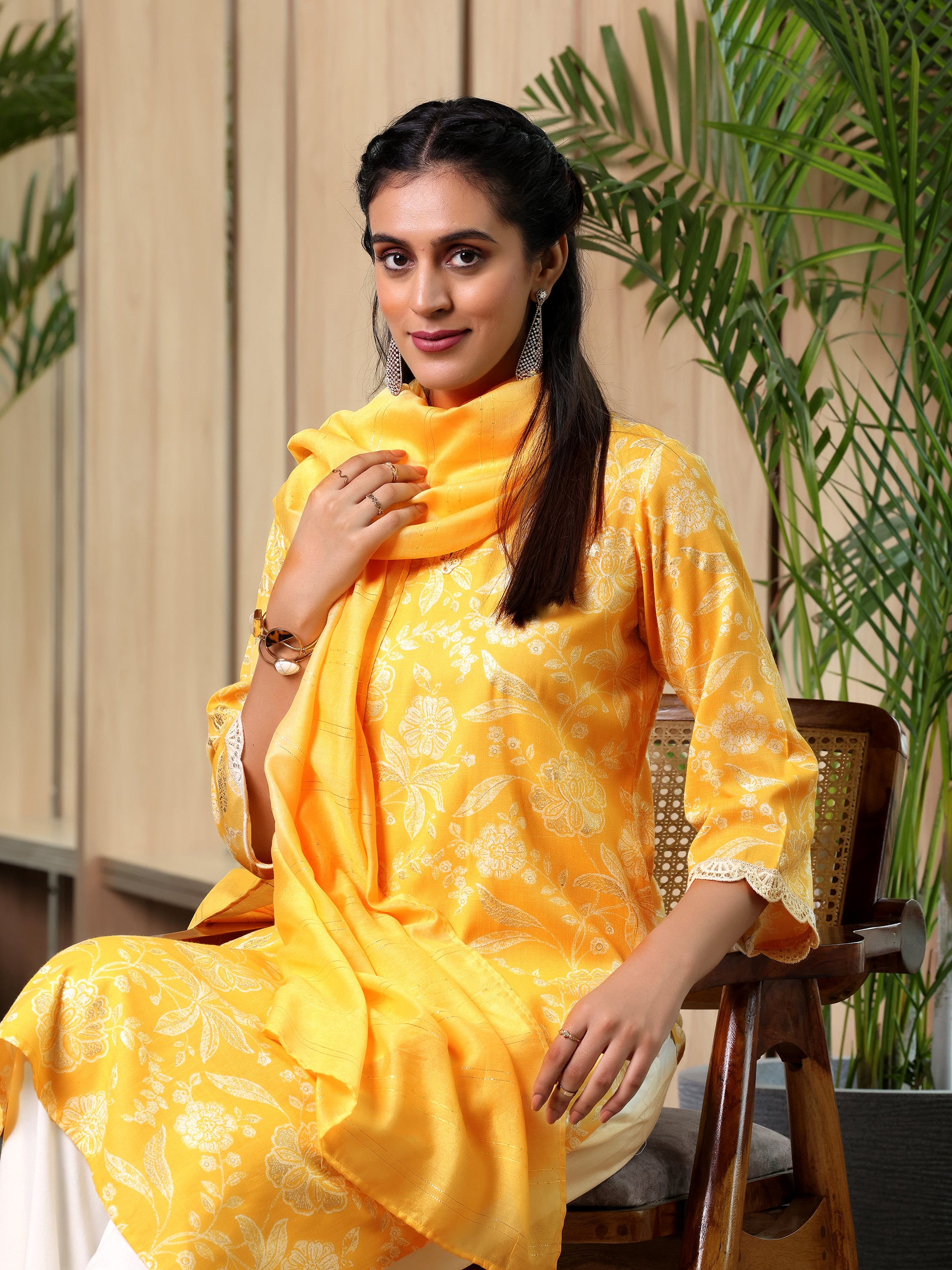 Yellow Printed Cotton Blend Straight Suit With Dupatta