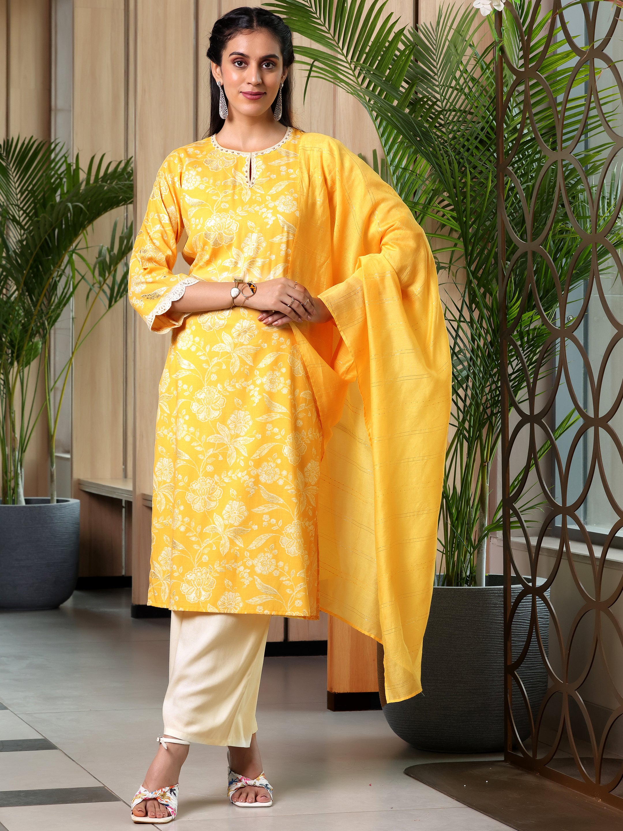 Yellow Printed Cotton Blend Straight Suit With Dupatta