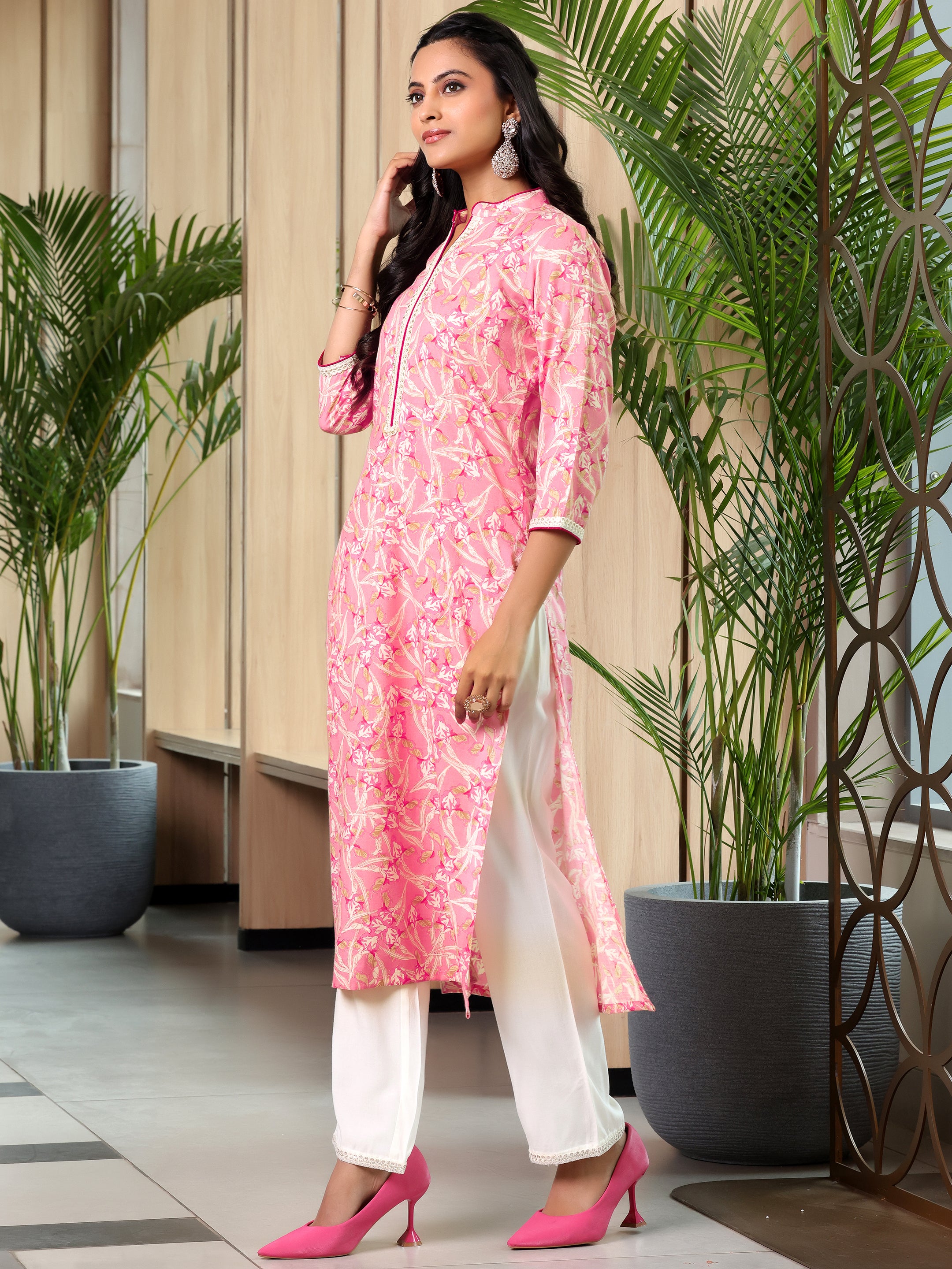 Pink Printed Cotton Blend Straight Suit With Dupatta