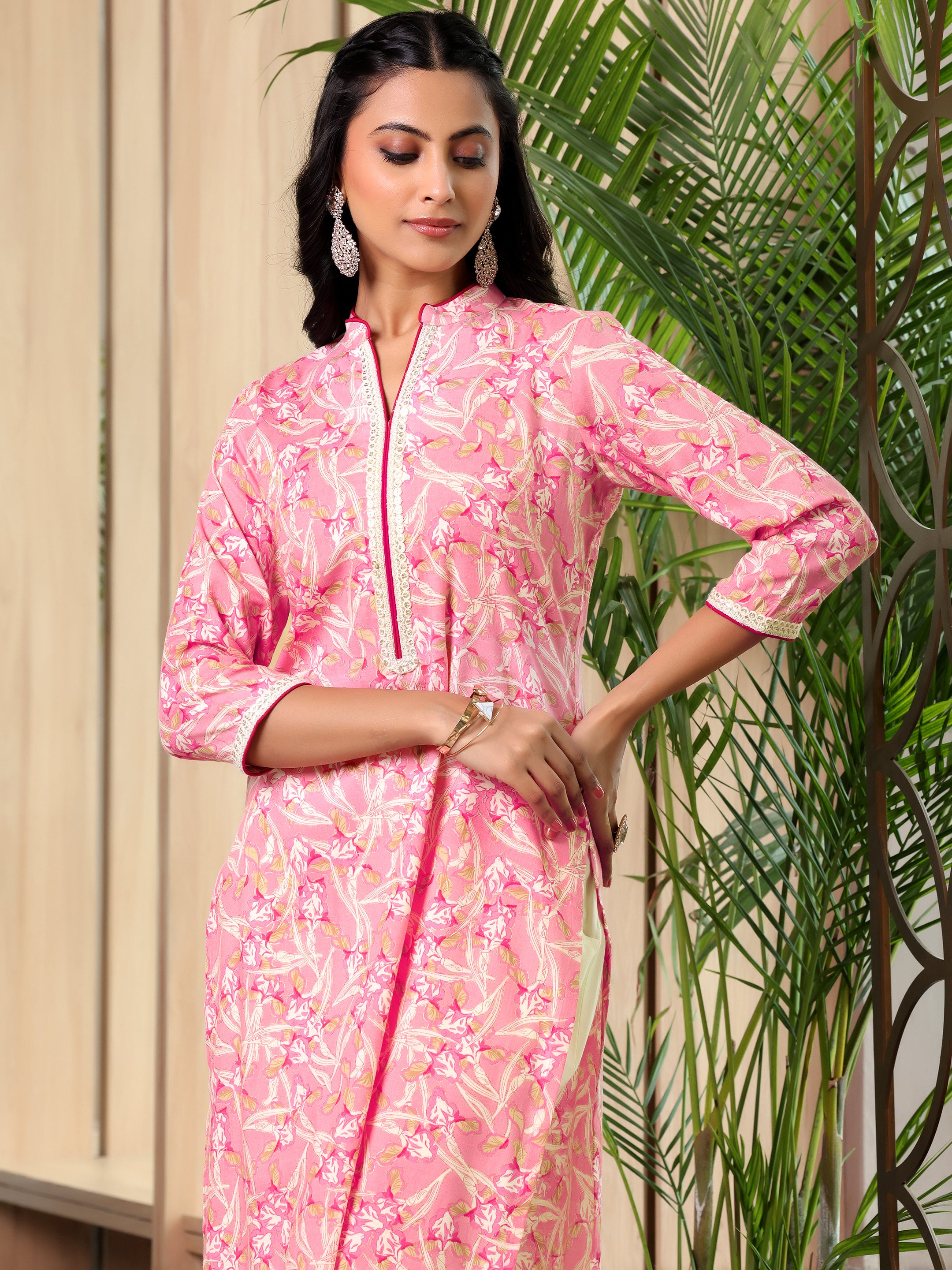 Pink Printed Cotton Blend Straight Suit With Dupatta