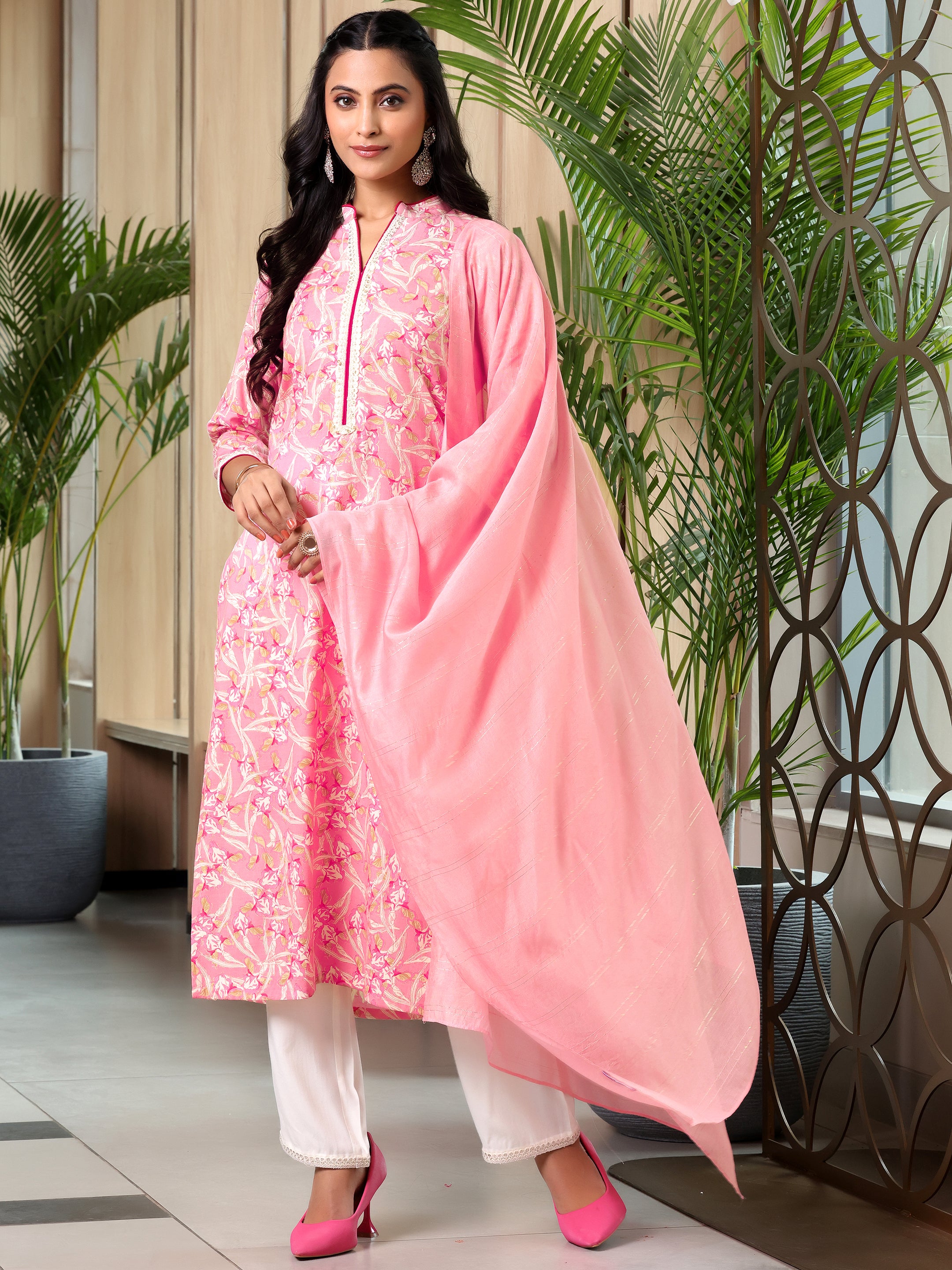 Pink Printed Cotton Blend Straight Suit With Dupatta