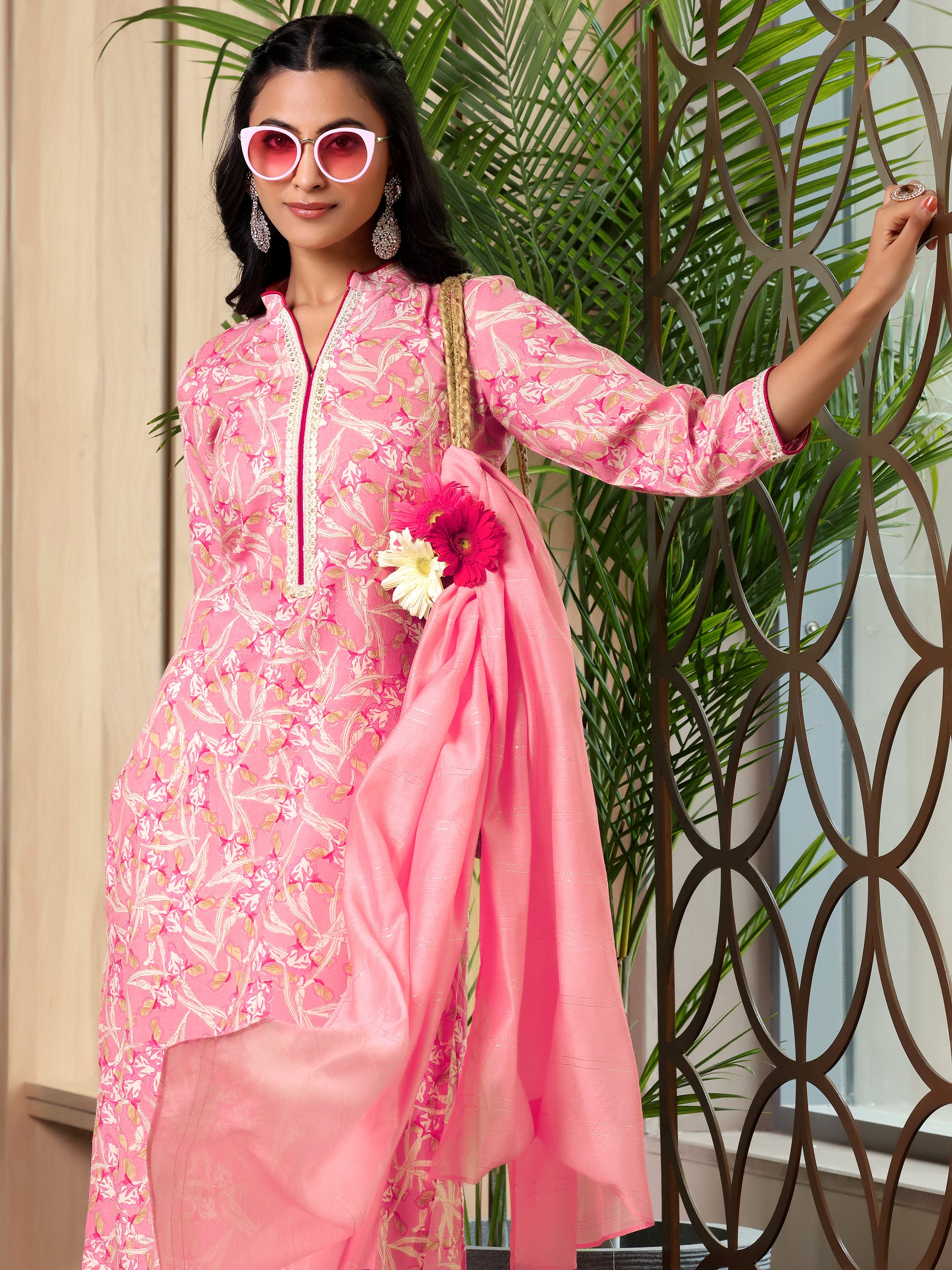 Pink Printed Cotton Blend Straight Suit With Dupatta