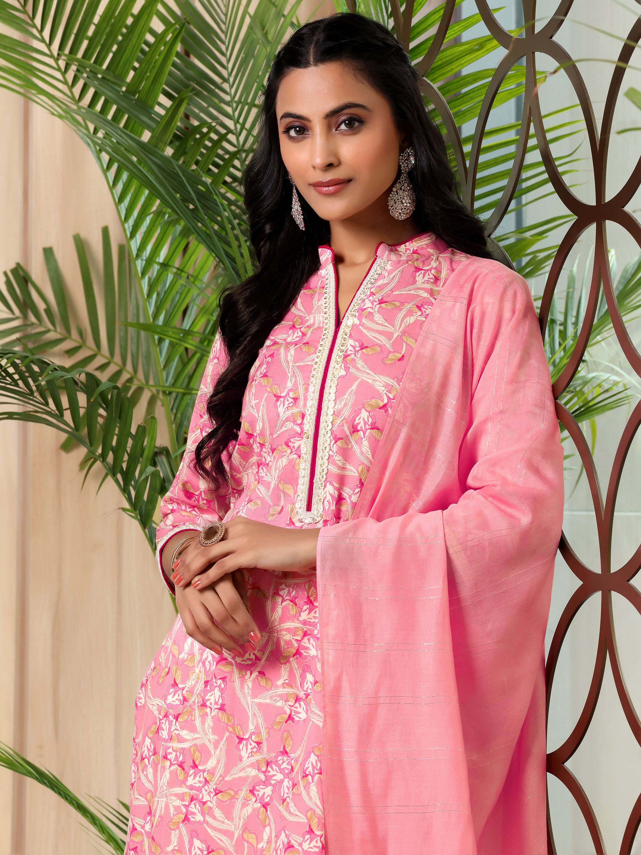 Pink Printed Cotton Blend Straight Suit With Dupatta