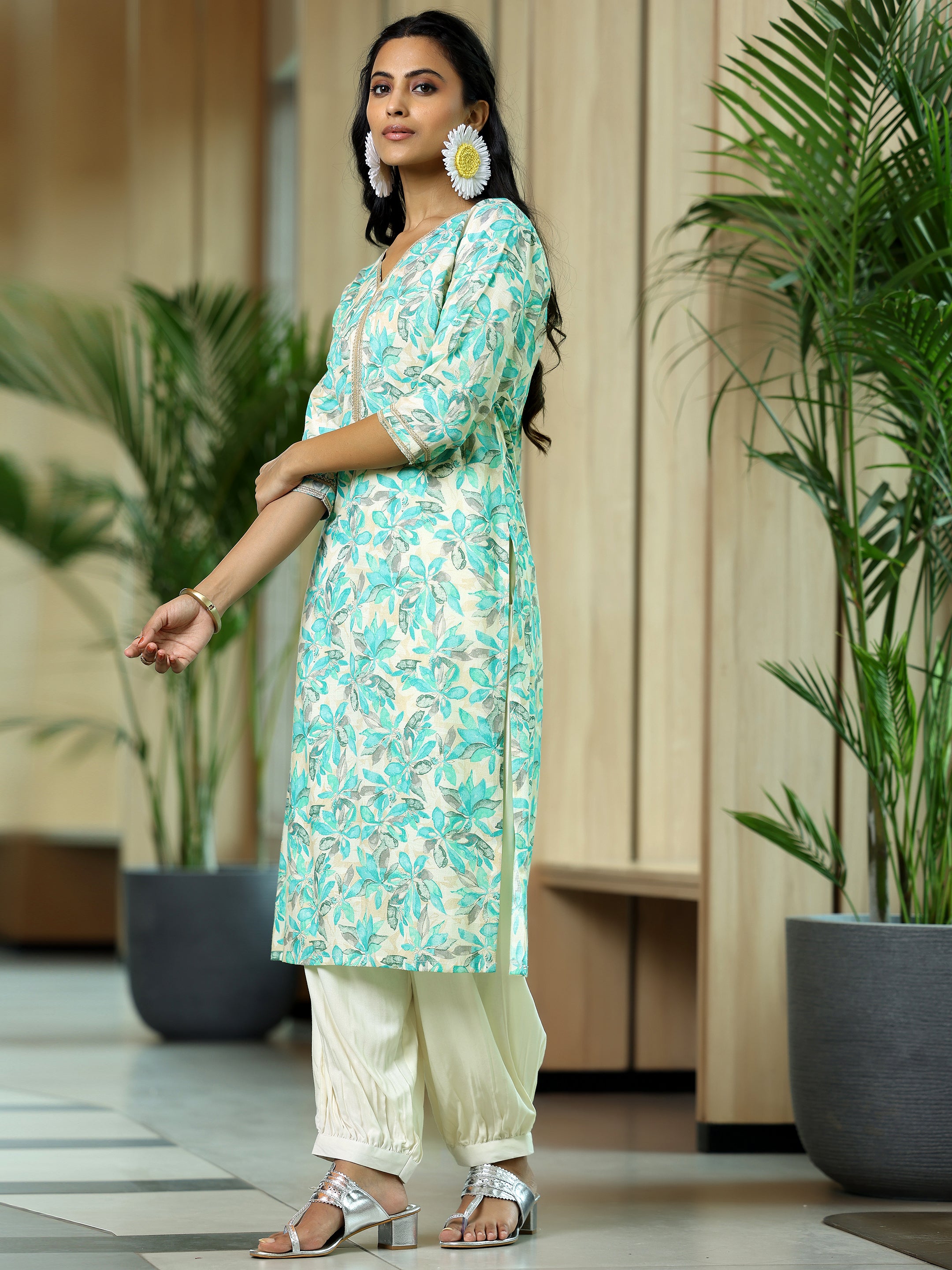 Blue Printed Cotton Blend Straight Suit With Dupatta