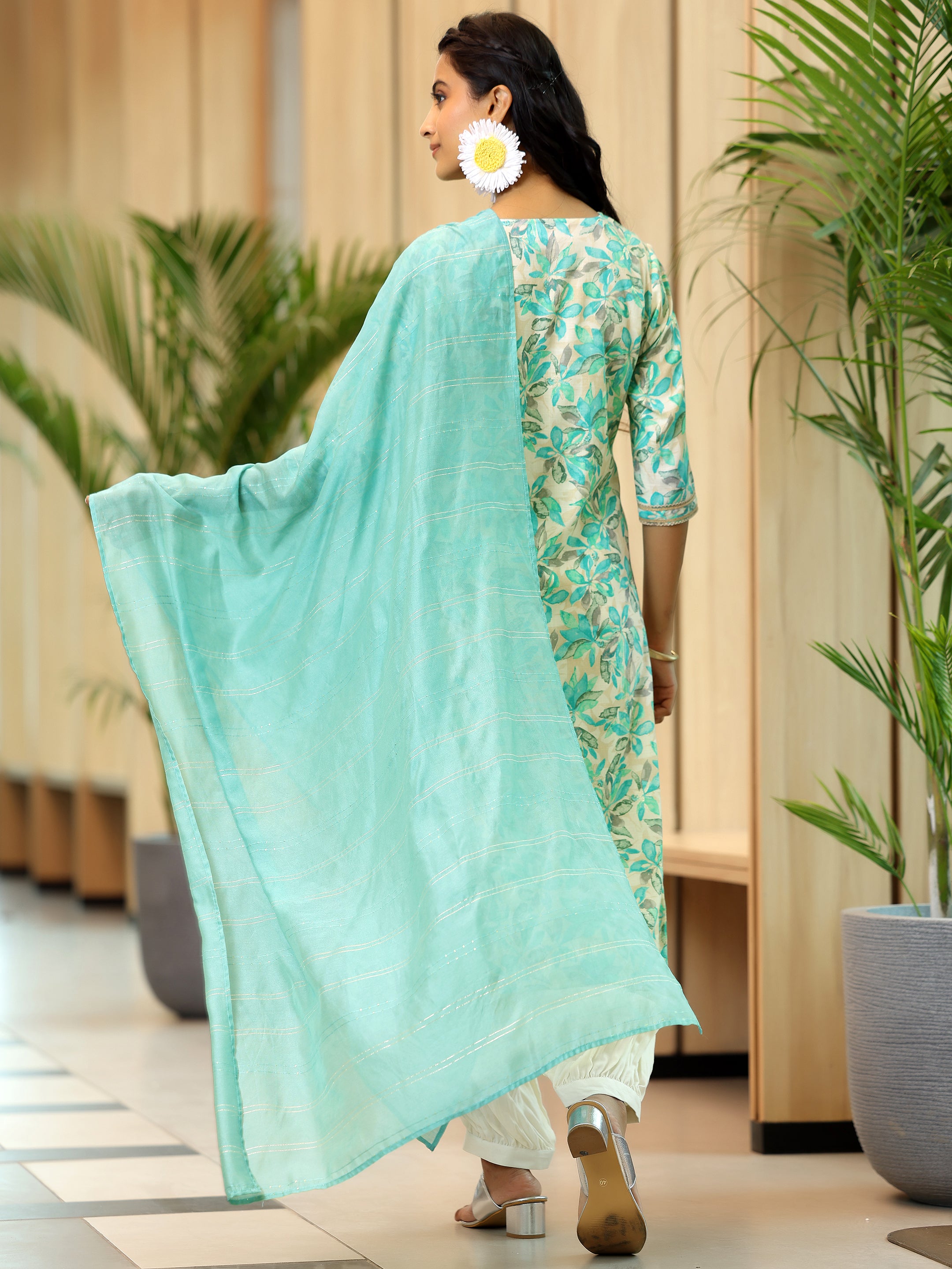 Blue Printed Cotton Blend Straight Suit With Dupatta