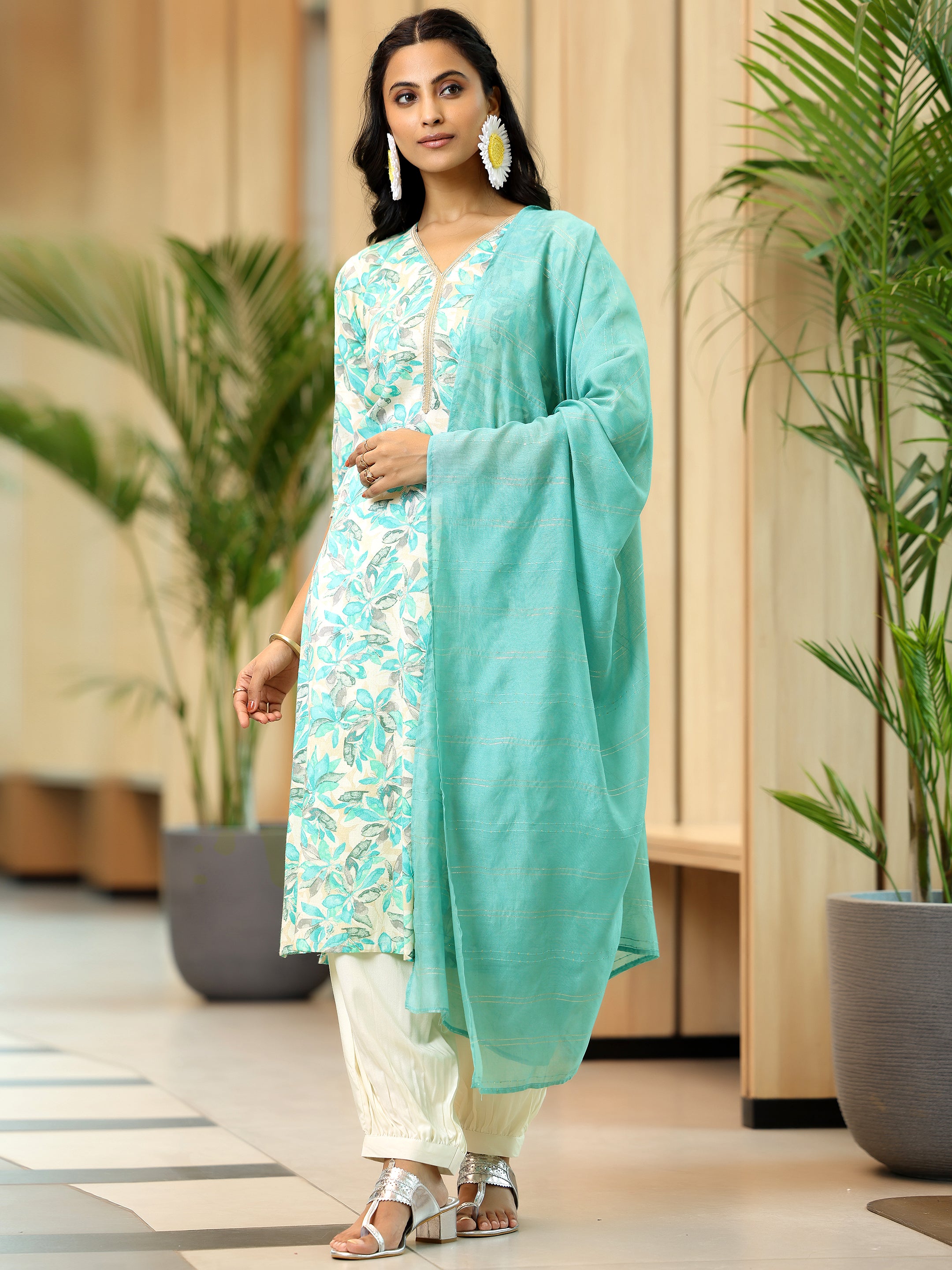 Blue Printed Cotton Blend Straight Suit With Dupatta