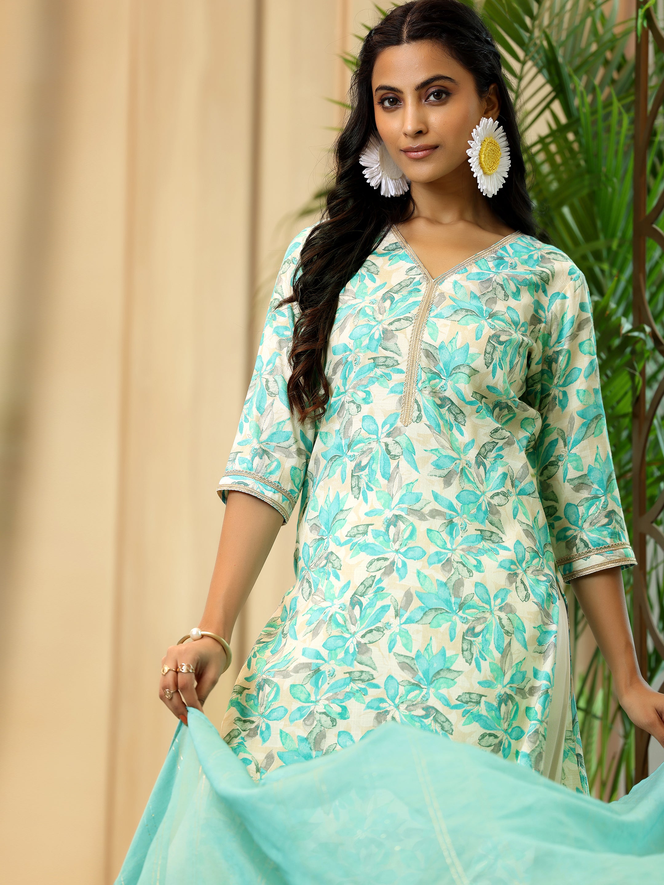 Blue Printed Cotton Blend Straight Suit With Dupatta