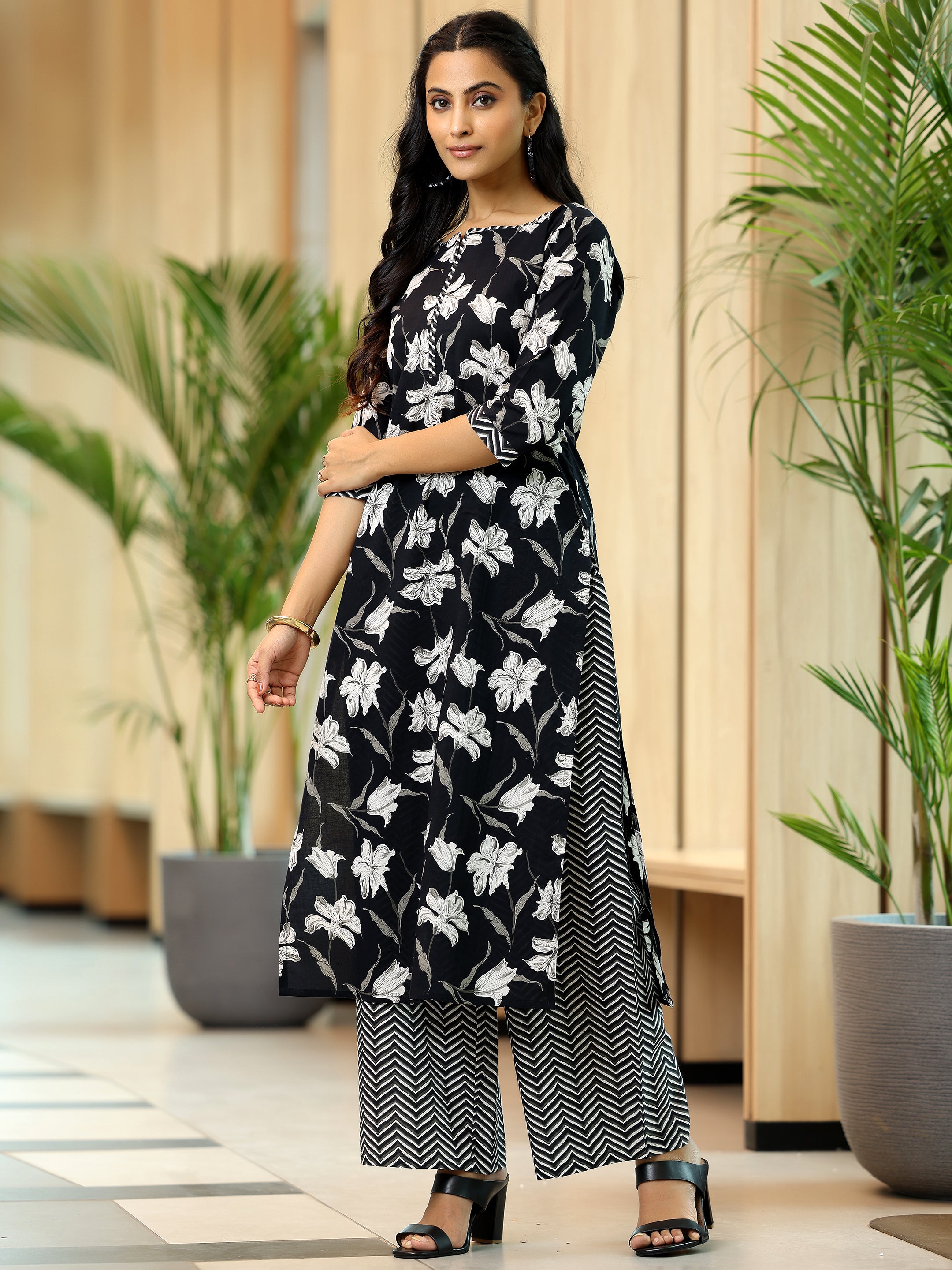 Black Printed Cotton Straight Suit With Dupatta