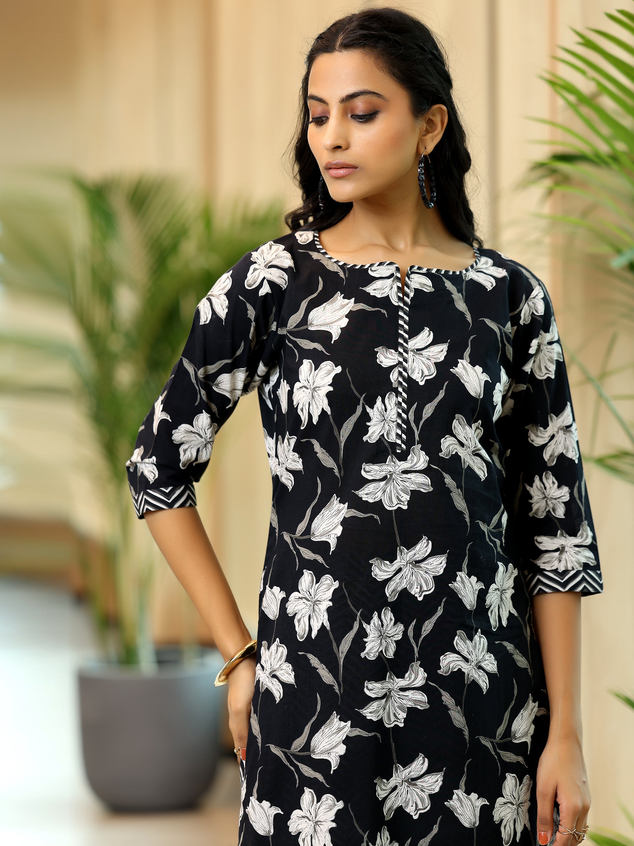 Black Printed Cotton Straight Suit With Dupatta