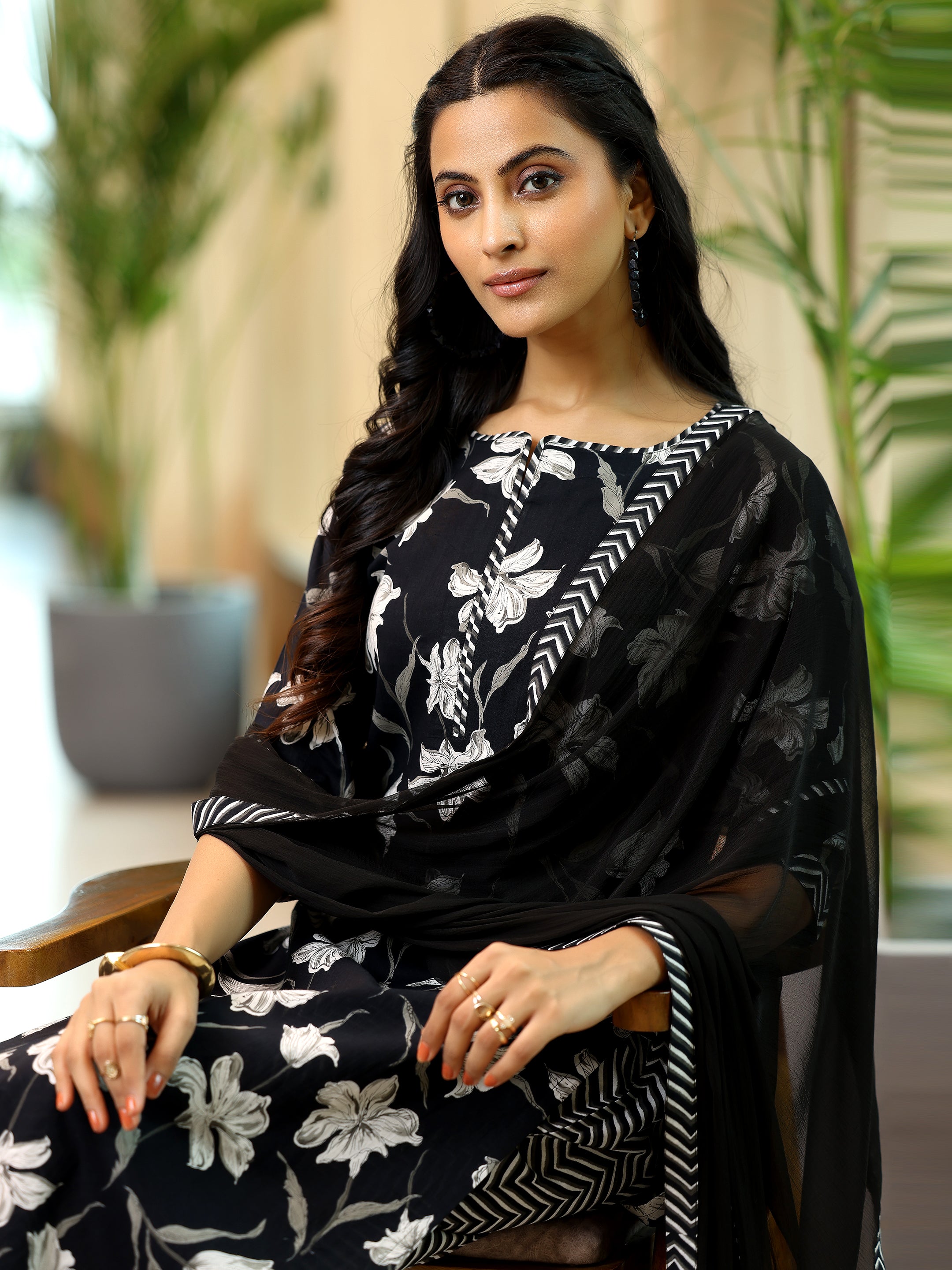 Black Printed Cotton Straight Suit With Dupatta