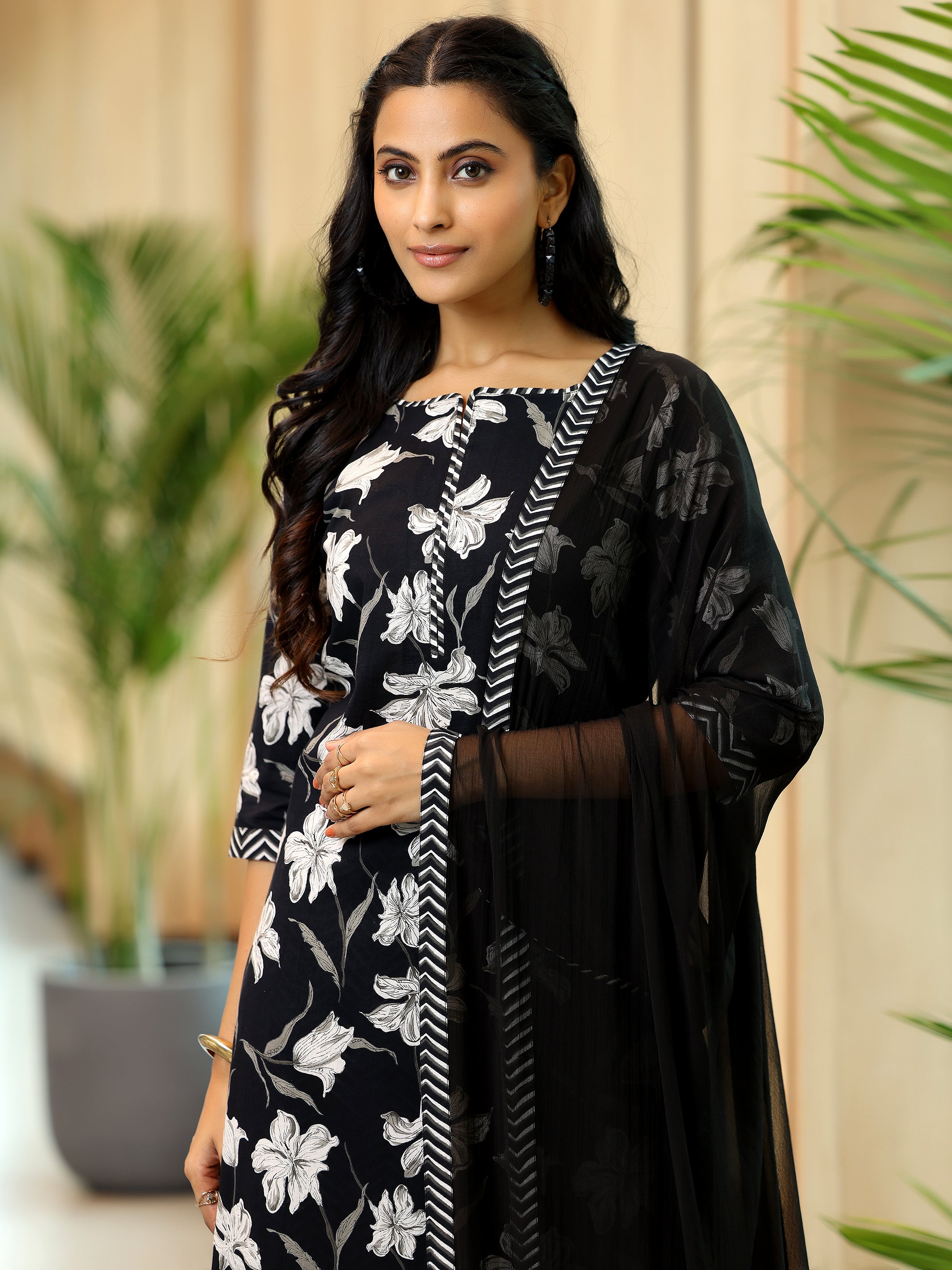 Black Printed Cotton Straight Suit With Dupatta