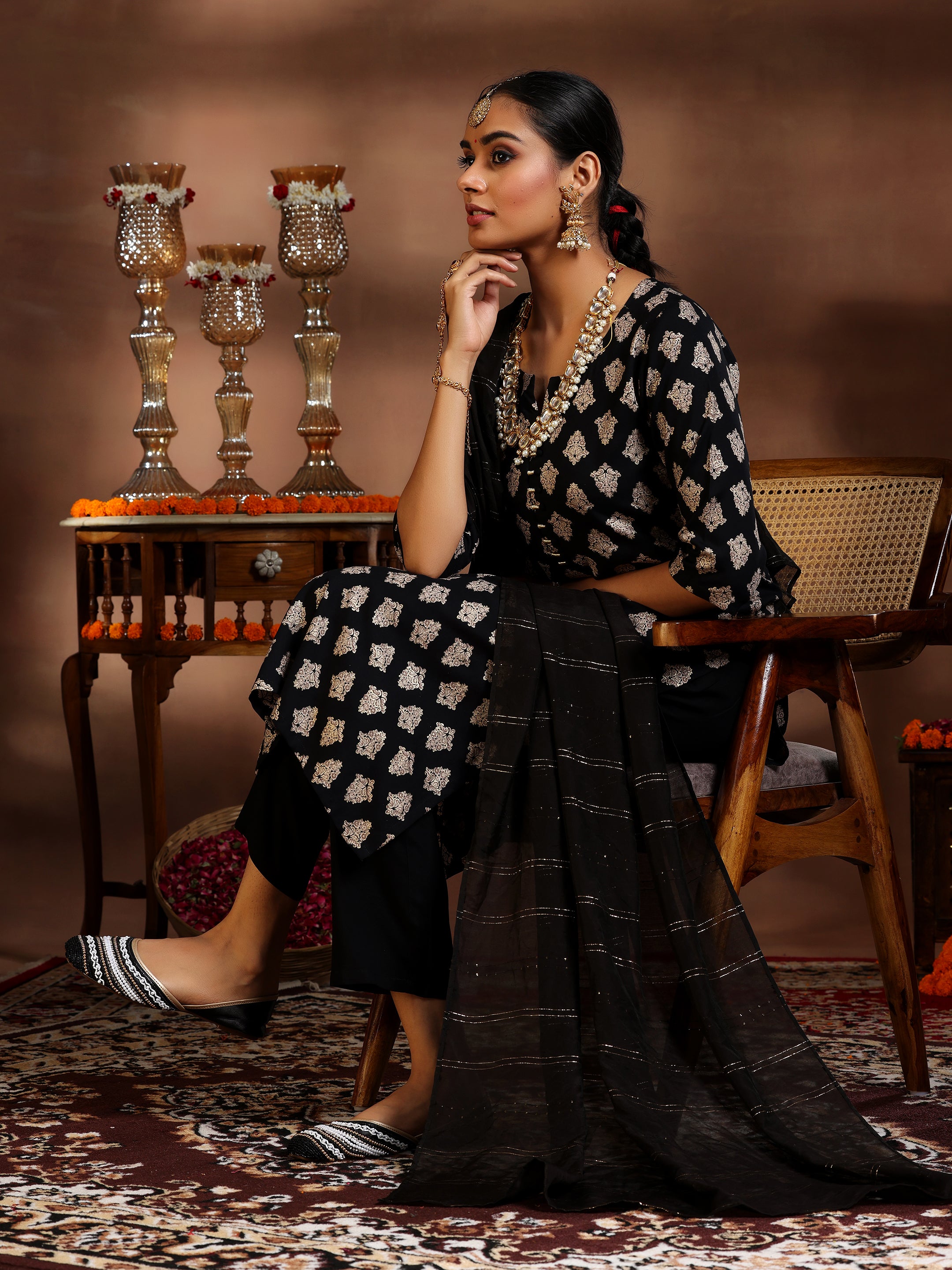 Black Printed Silk Blend Straight Suit With Dupatta