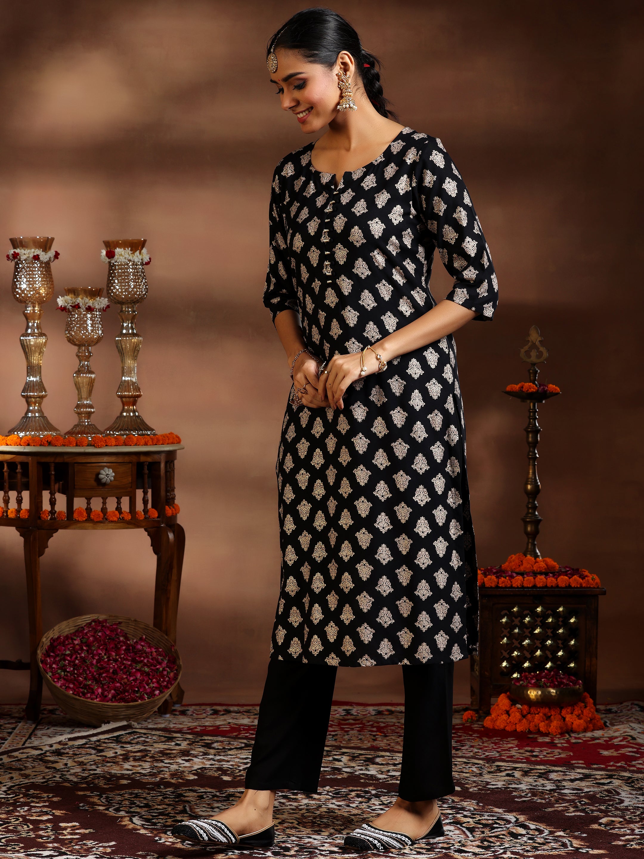 Black Printed Silk Blend Straight Suit With Dupatta