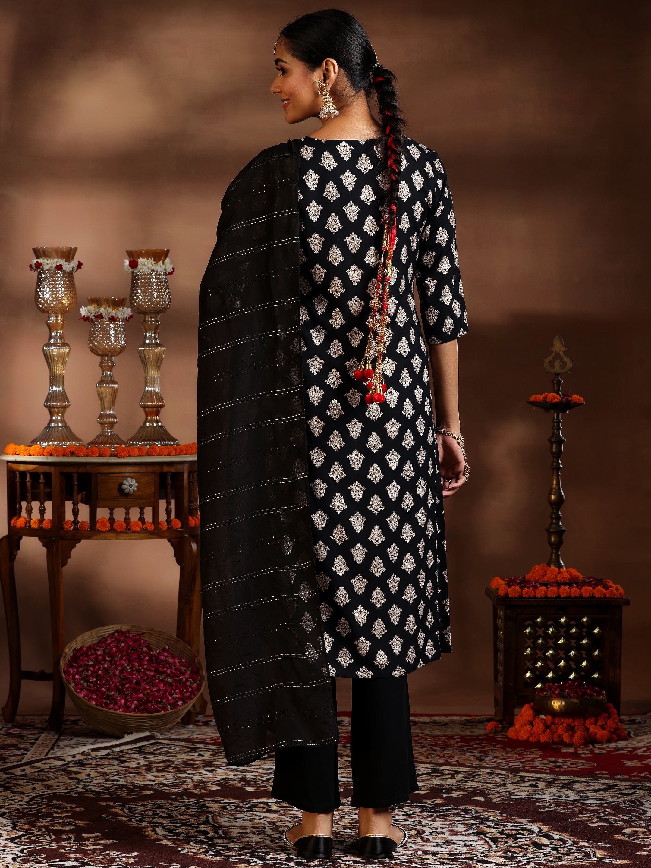 Black Printed Silk Blend Straight Suit With Dupatta