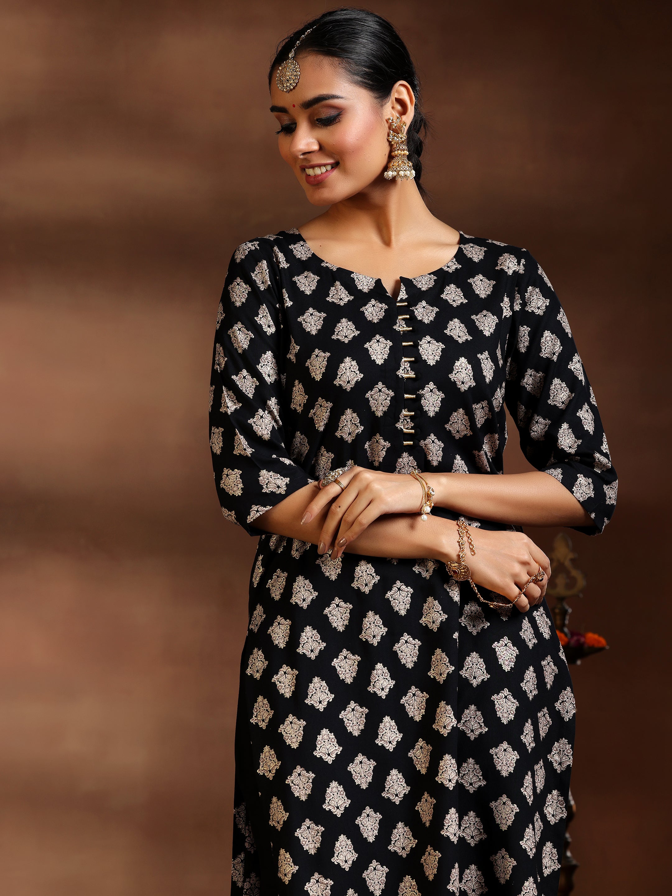 Black Printed Silk Blend Straight Suit With Dupatta