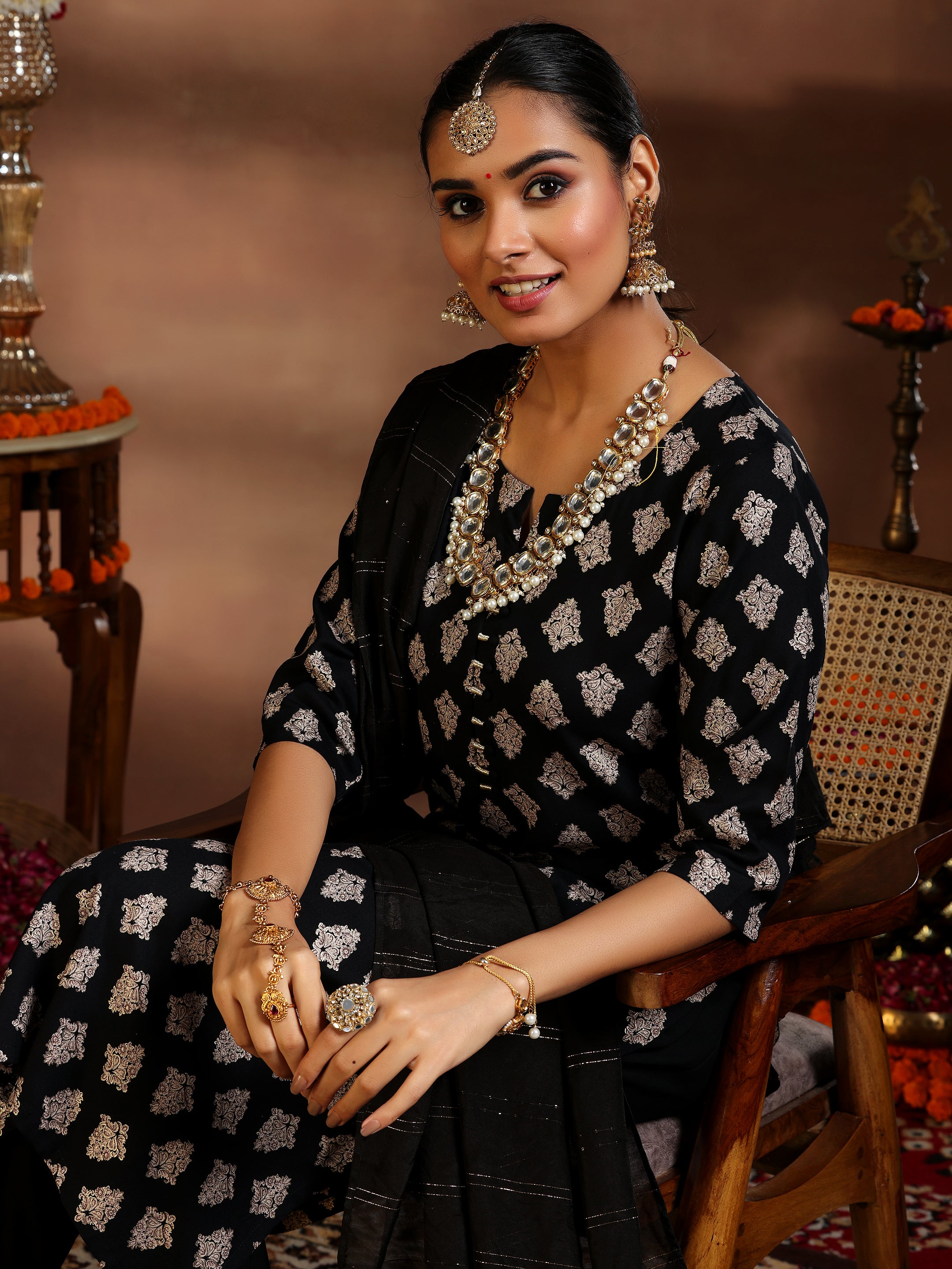 Black Printed Silk Blend Straight Suit With Dupatta