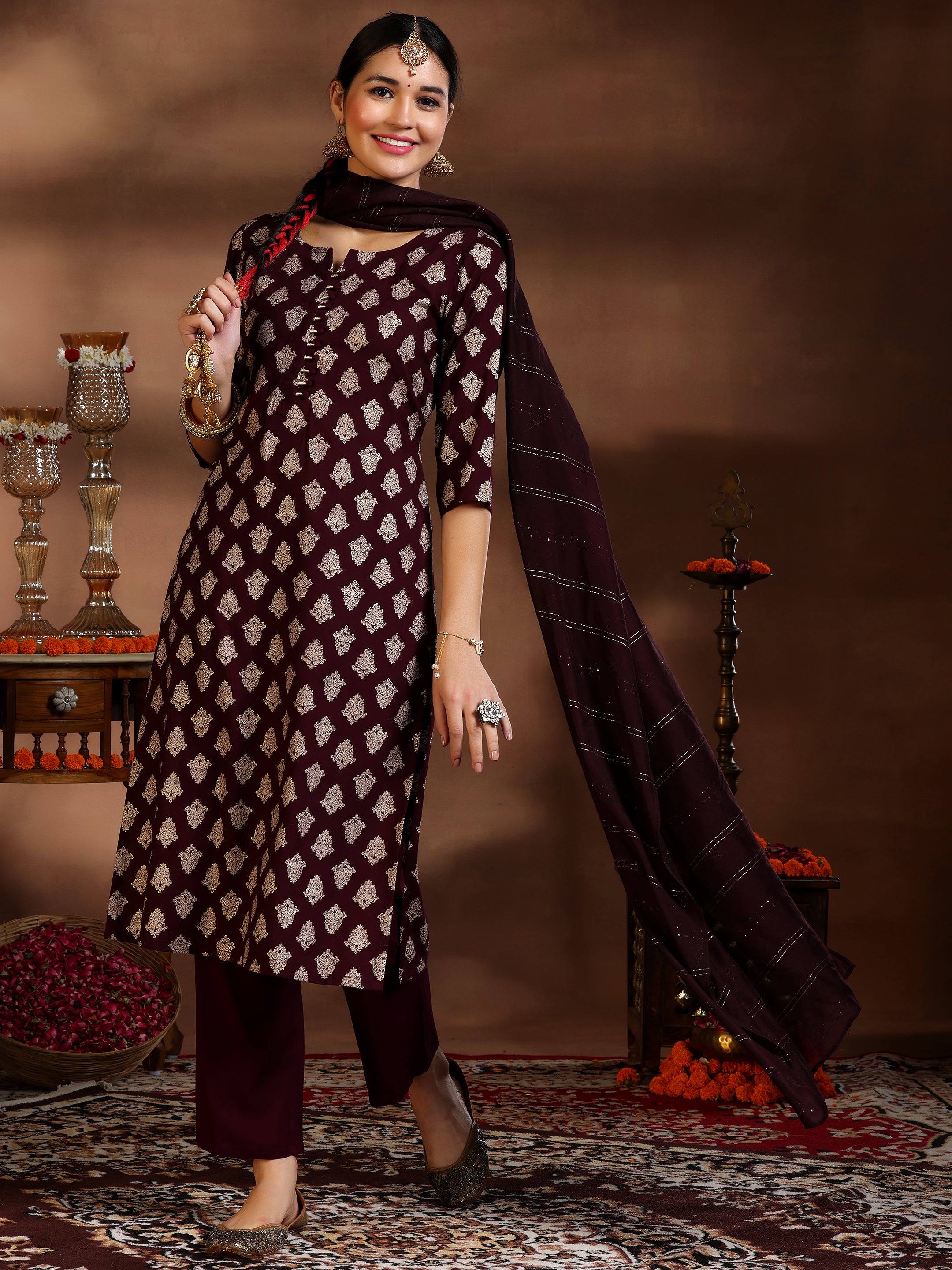 Burgundy Printed Silk Blend Straight Suit With Dupatta