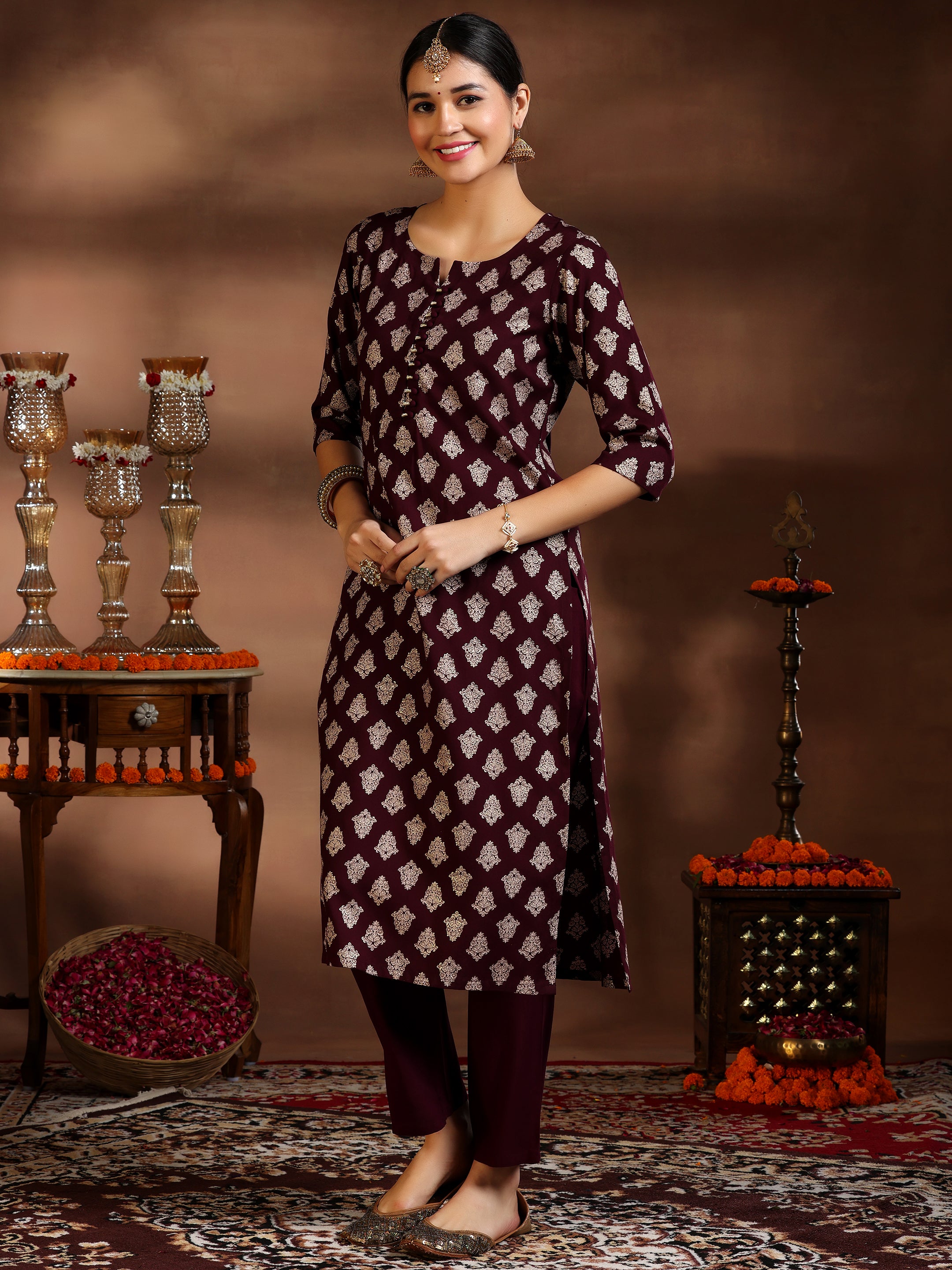 Burgundy Printed Silk Blend Straight Suit With Dupatta