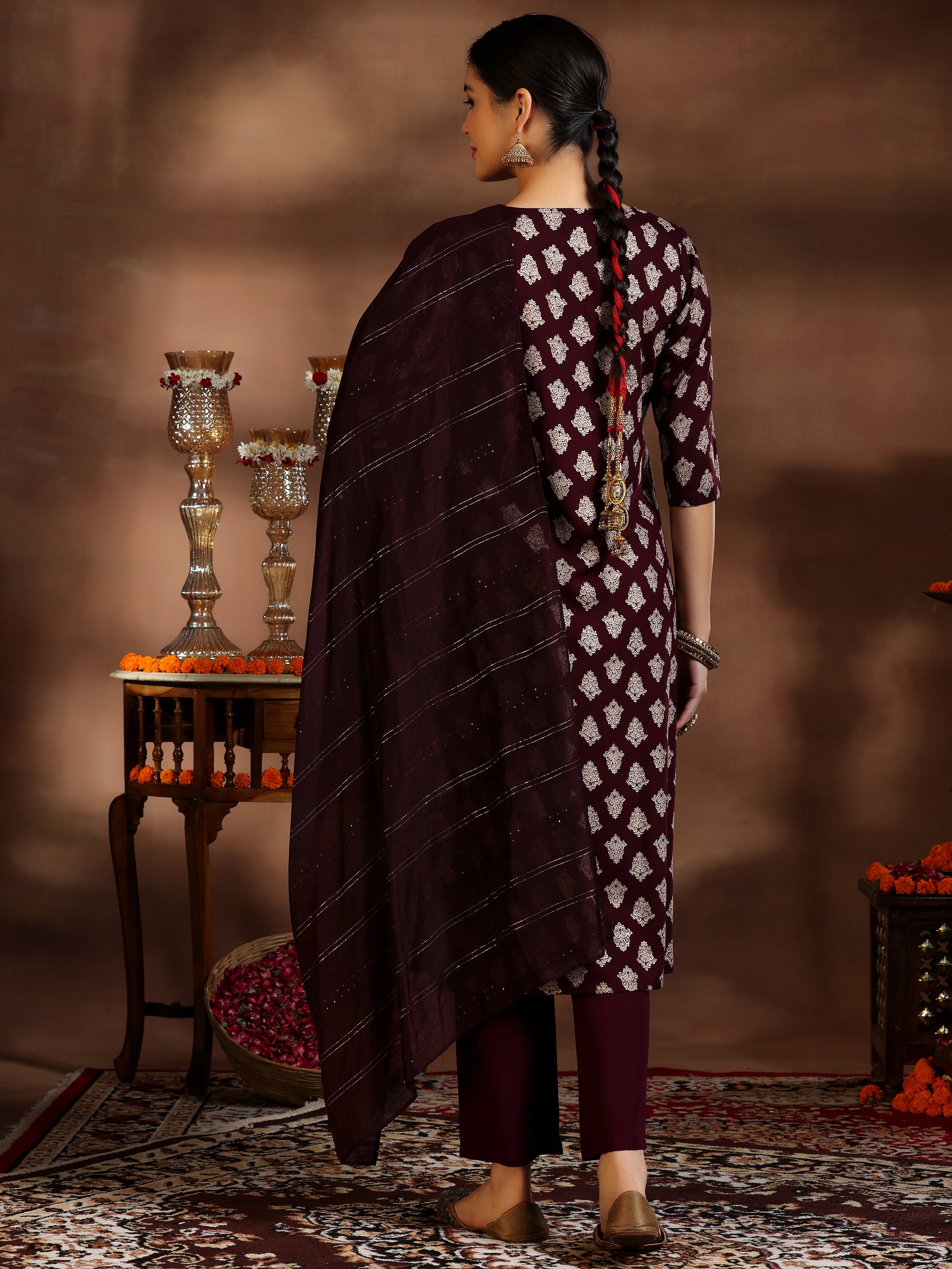 Burgundy Printed Silk Blend Straight Suit With Dupatta