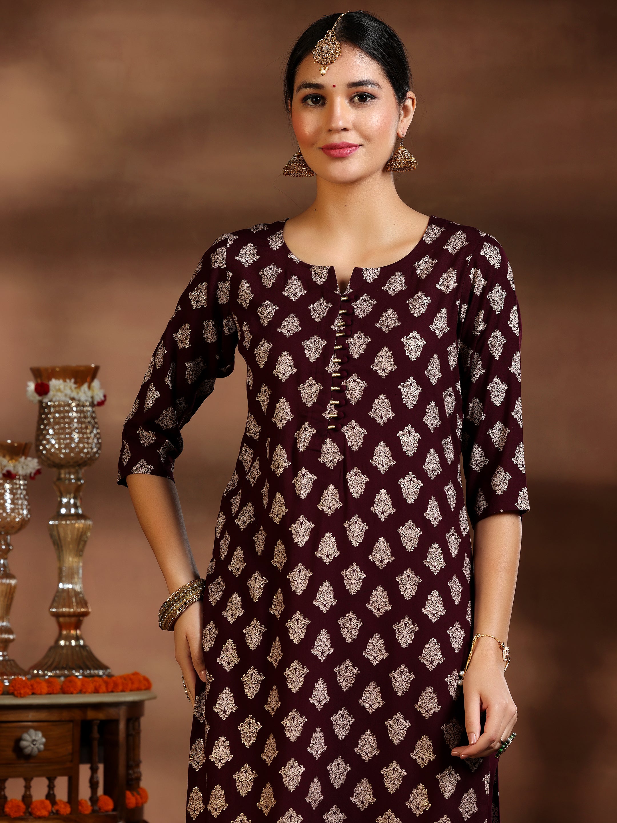 Burgundy Printed Silk Blend Straight Suit With Dupatta