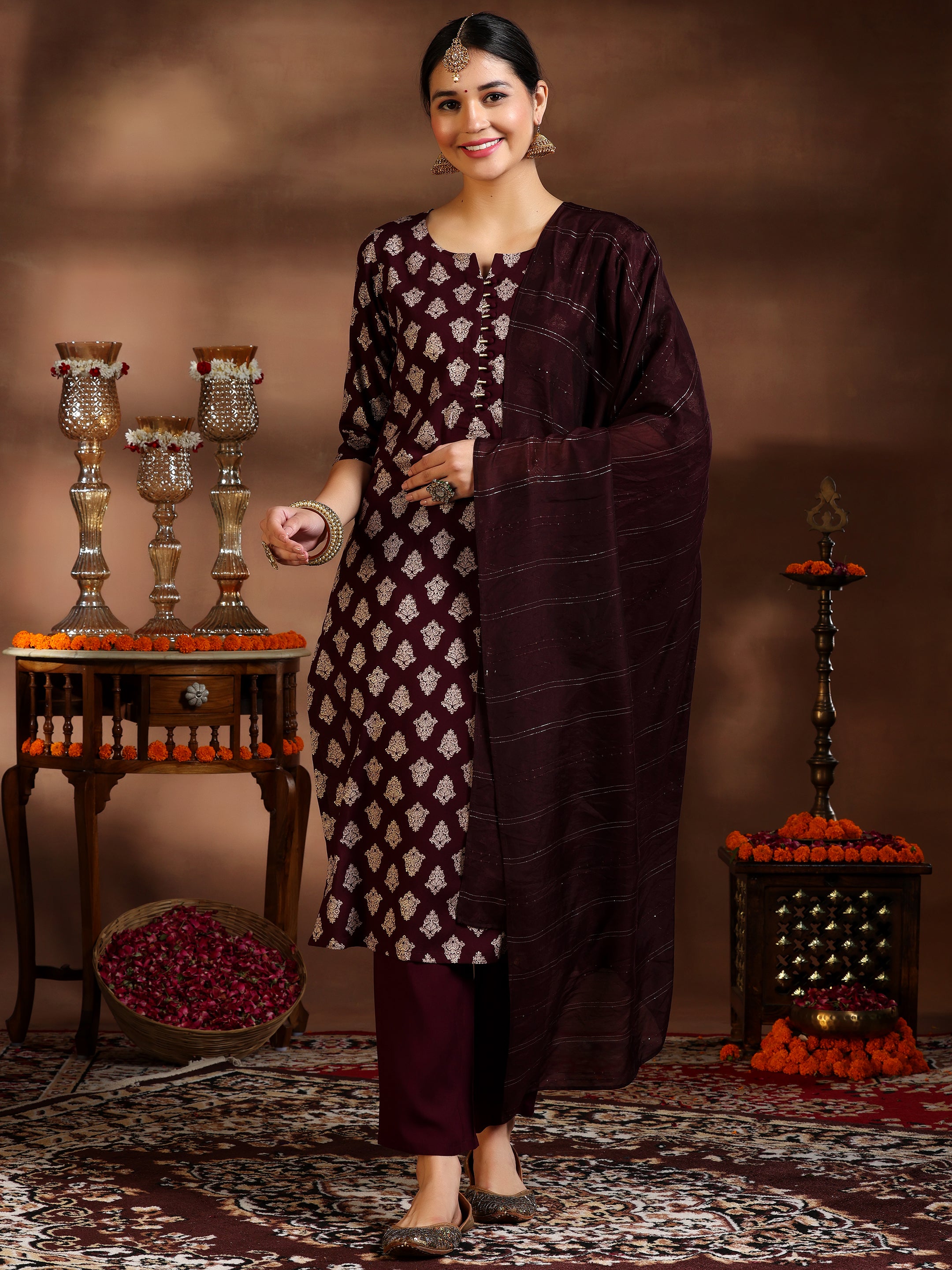 Burgundy Printed Silk Blend Straight Suit With Dupatta