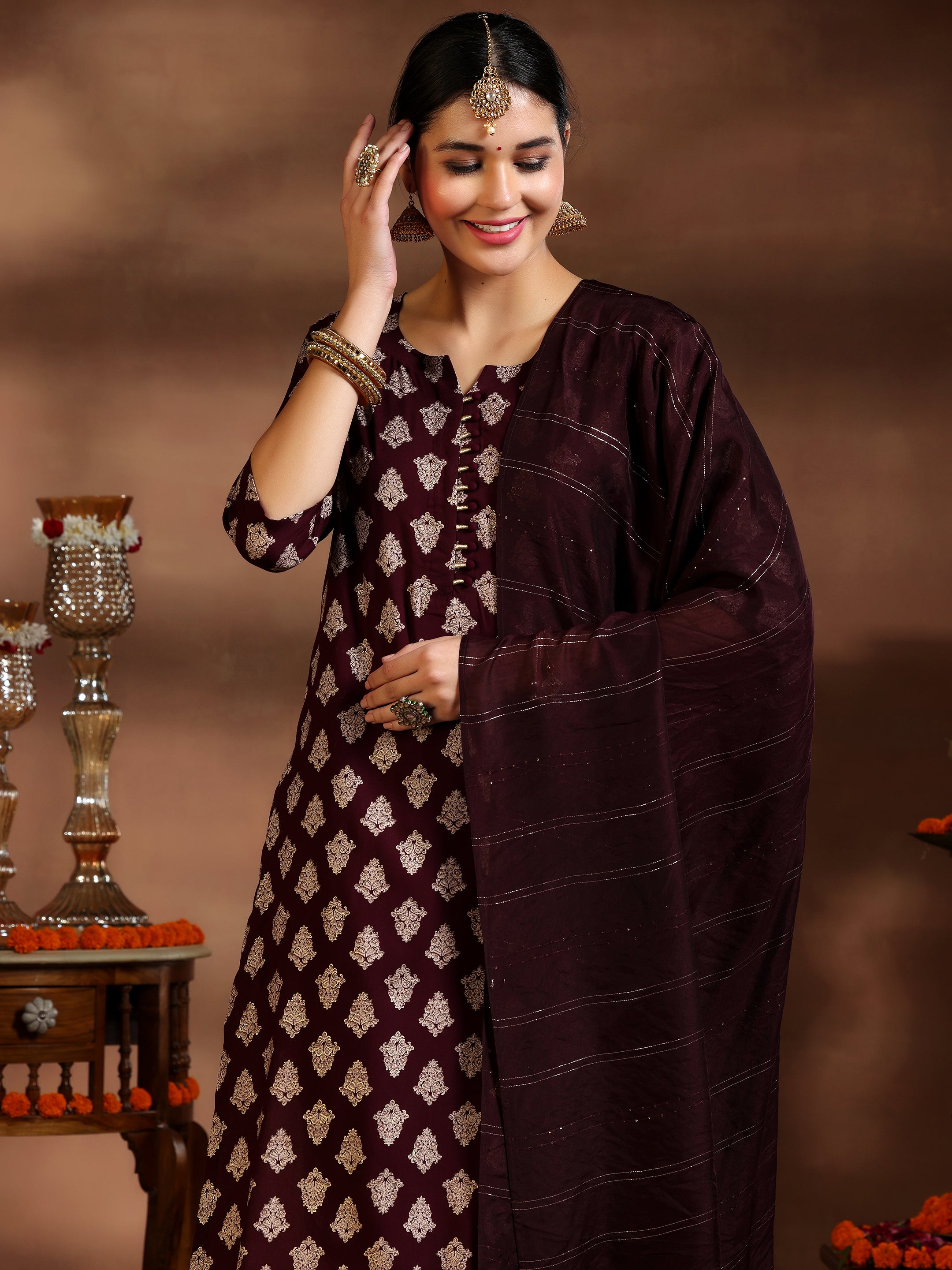 Burgundy Printed Silk Blend Straight Suit With Dupatta