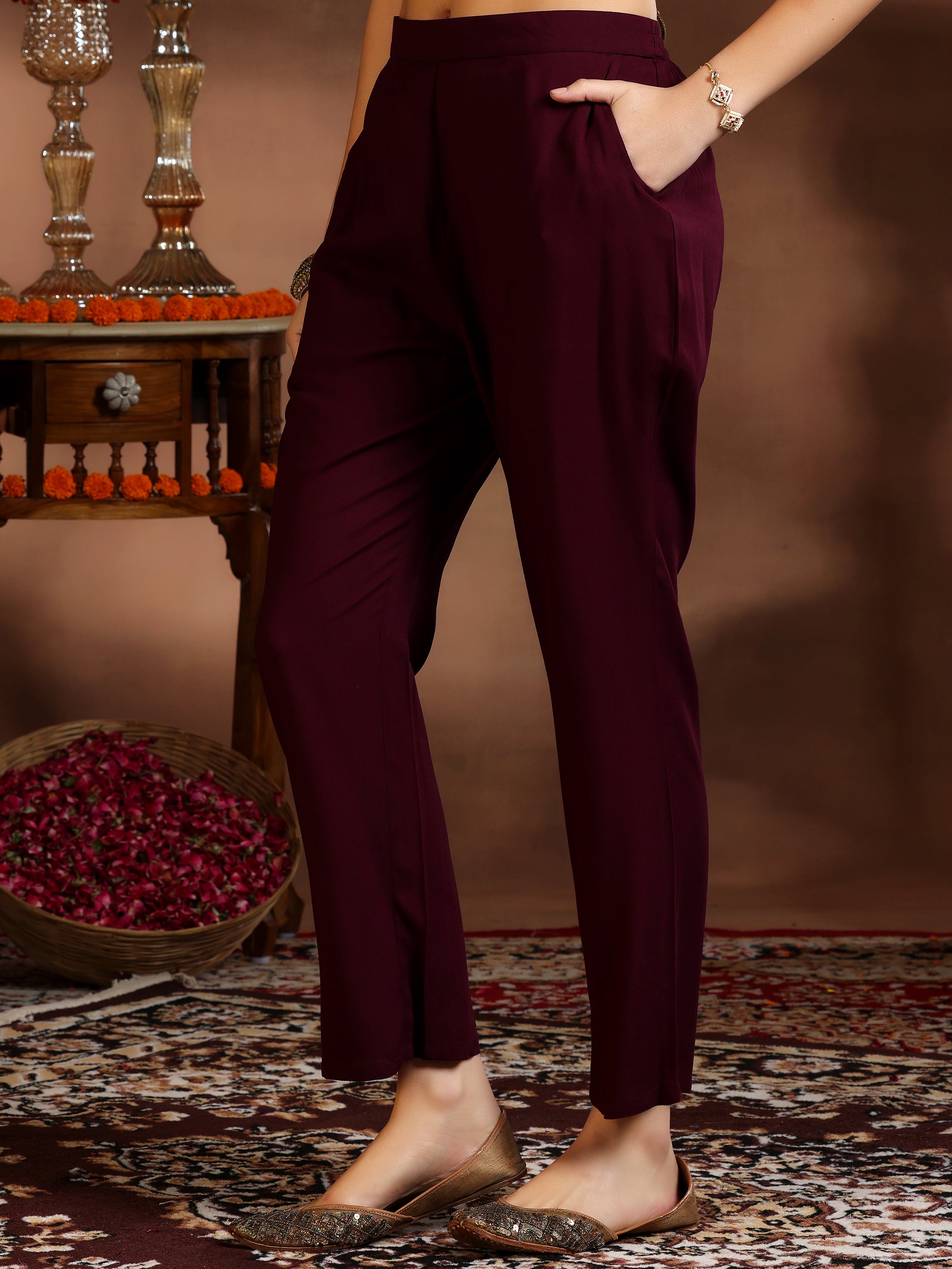 Burgundy Printed Silk Blend Straight Suit With Dupatta