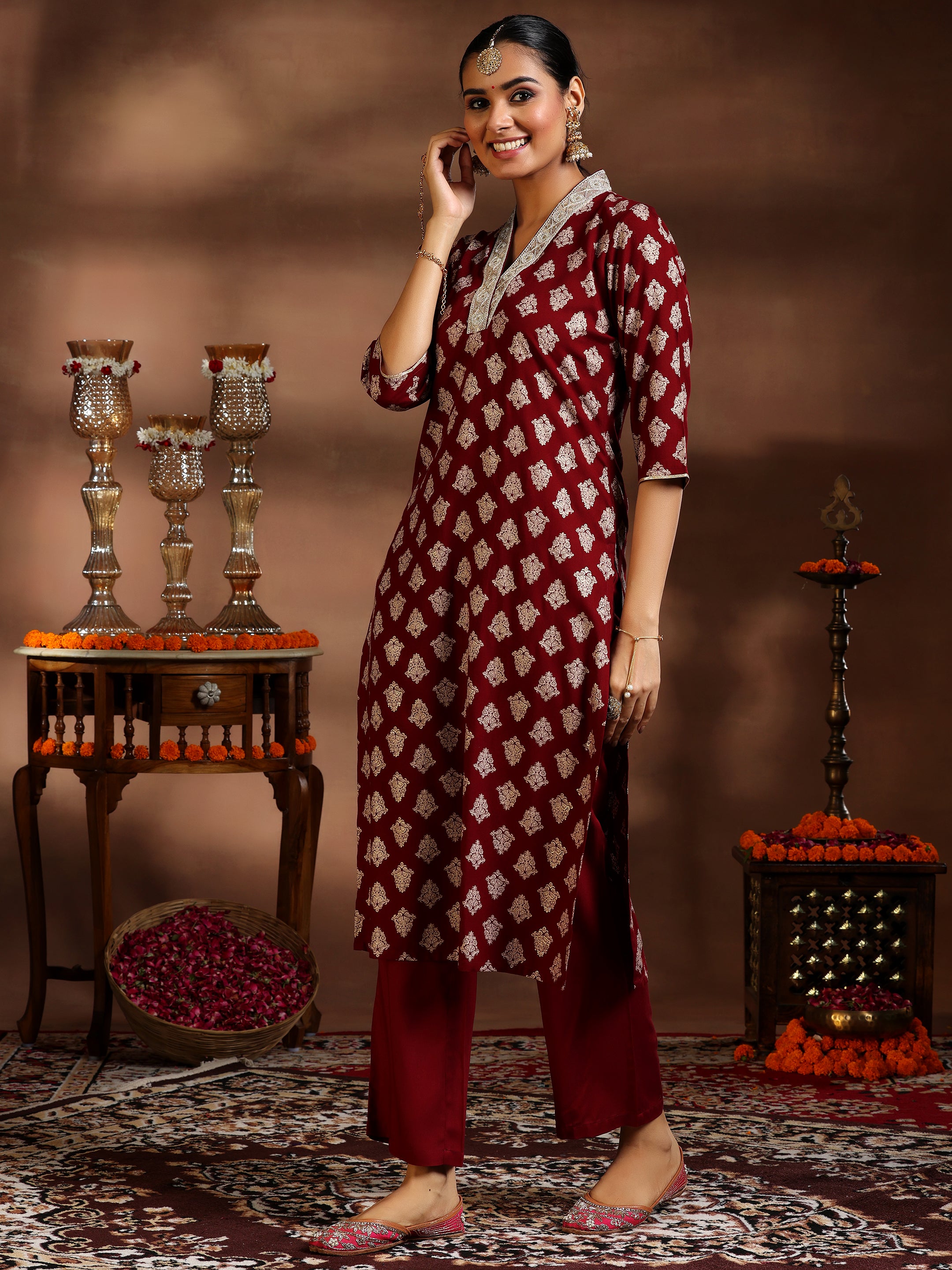 Maroon Printed Silk Blend Straight Suit With Dupatta