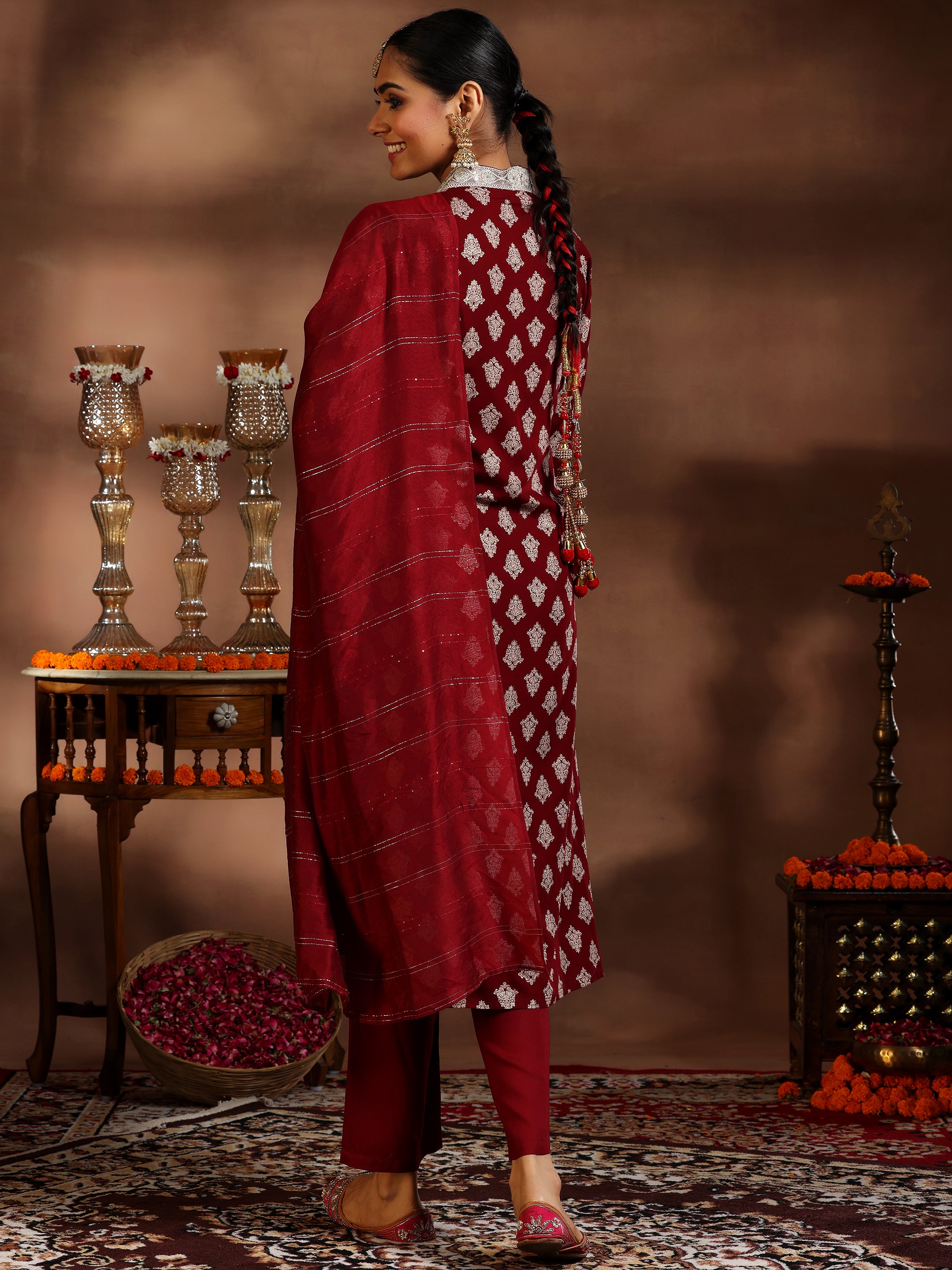 Maroon Printed Silk Blend Straight Suit With Dupatta