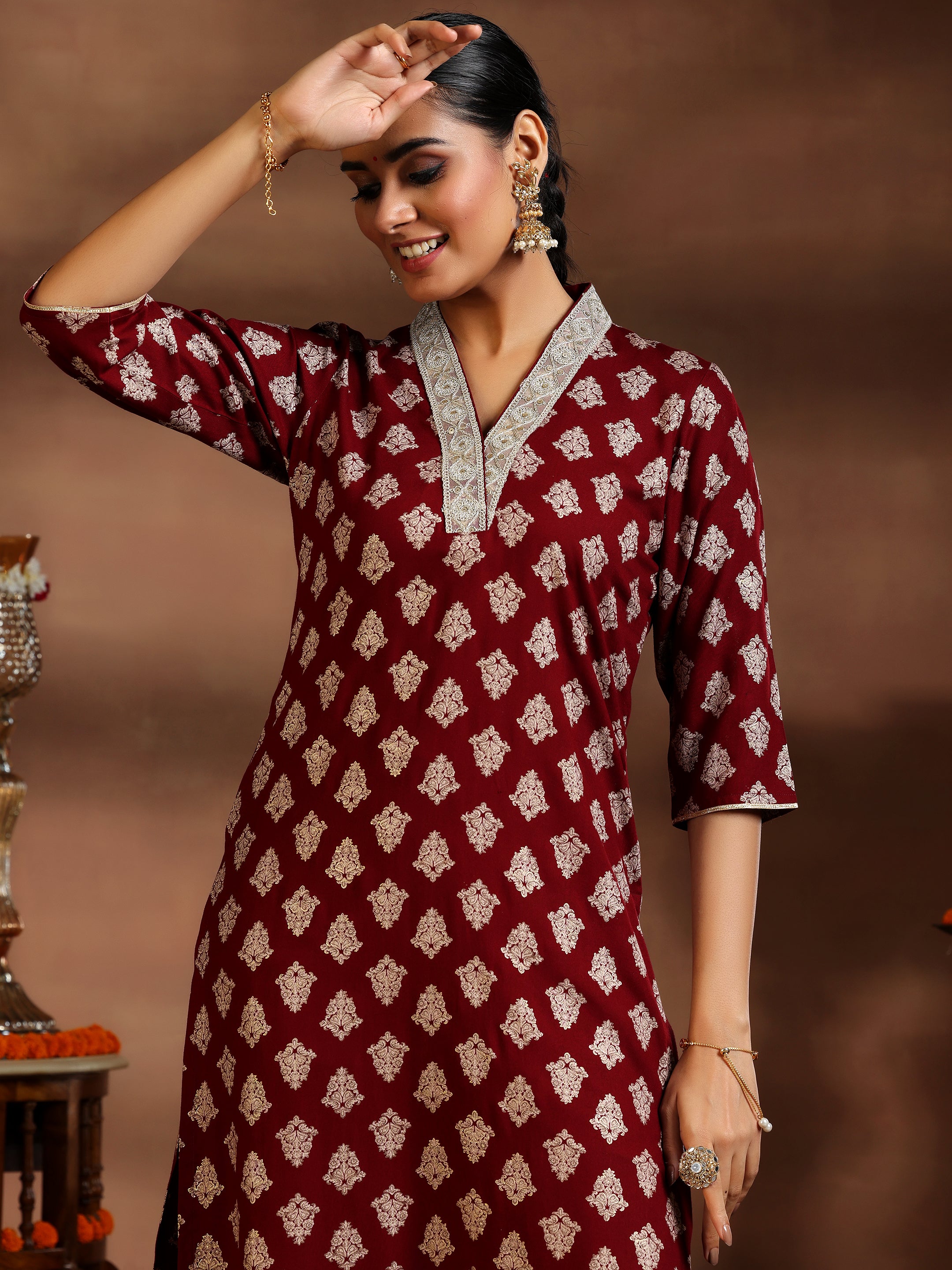 Maroon Printed Silk Blend Straight Suit With Dupatta