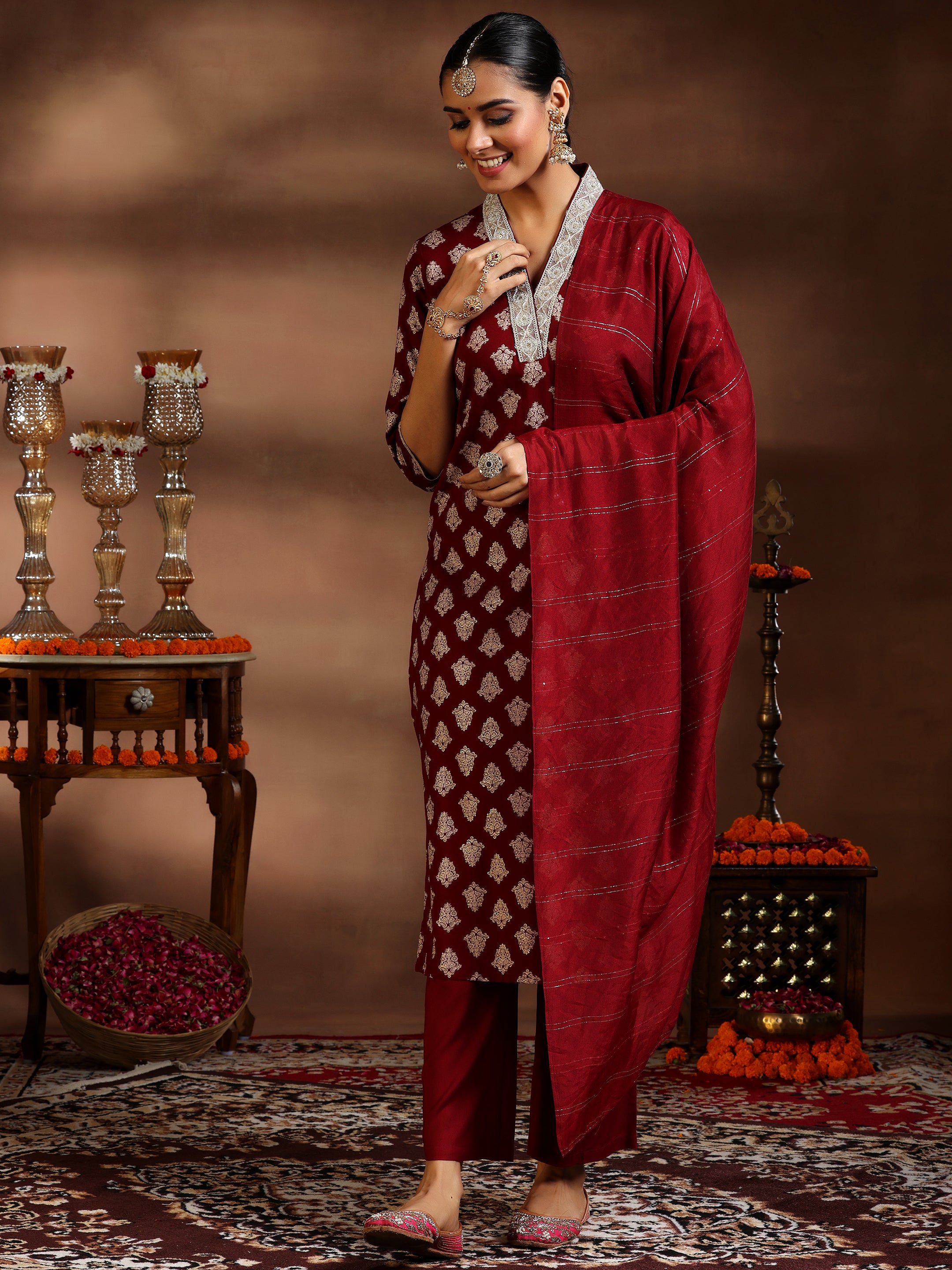 Maroon Printed Silk Blend Straight Suit With Dupatta