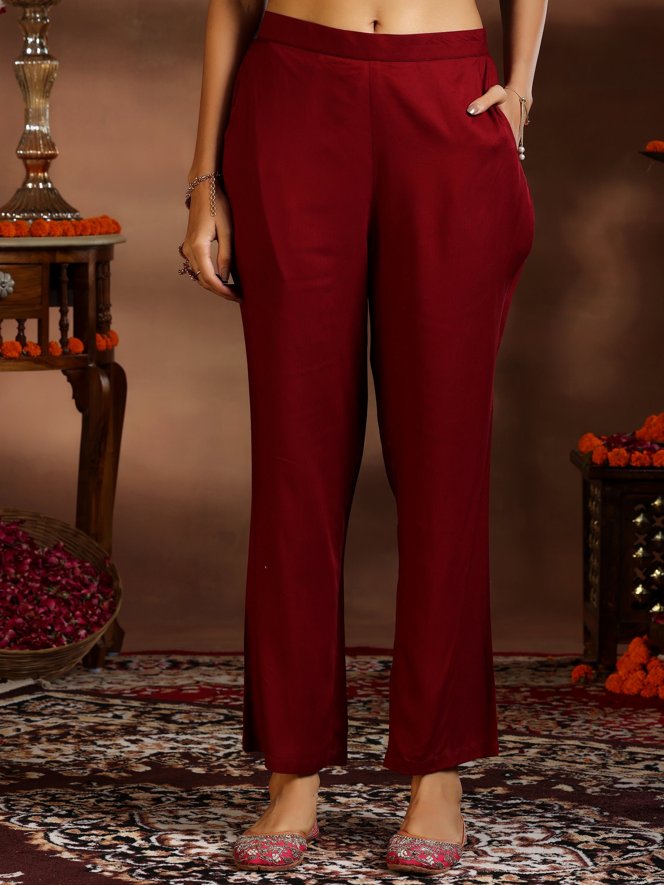 Maroon Printed Silk Blend Straight Suit With Dupatta