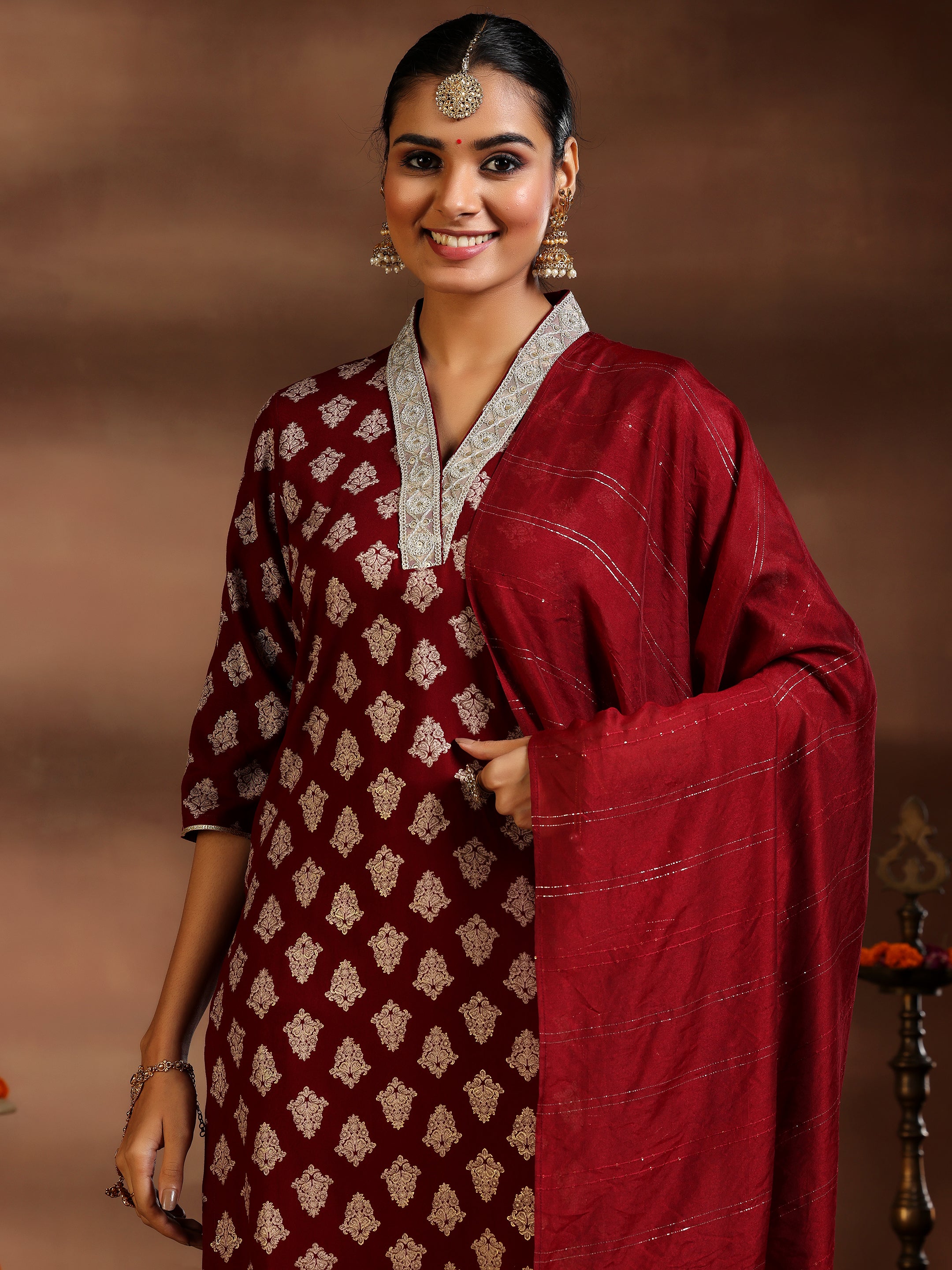 Maroon Printed Silk Blend Straight Suit With Dupatta