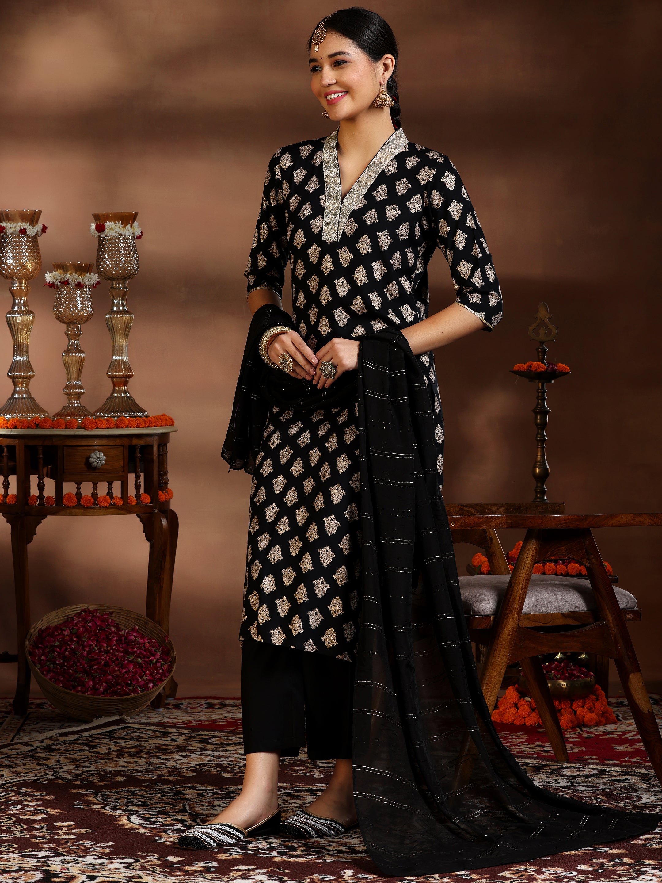 Black Printed Silk Blend Straight Suit With Dupatta