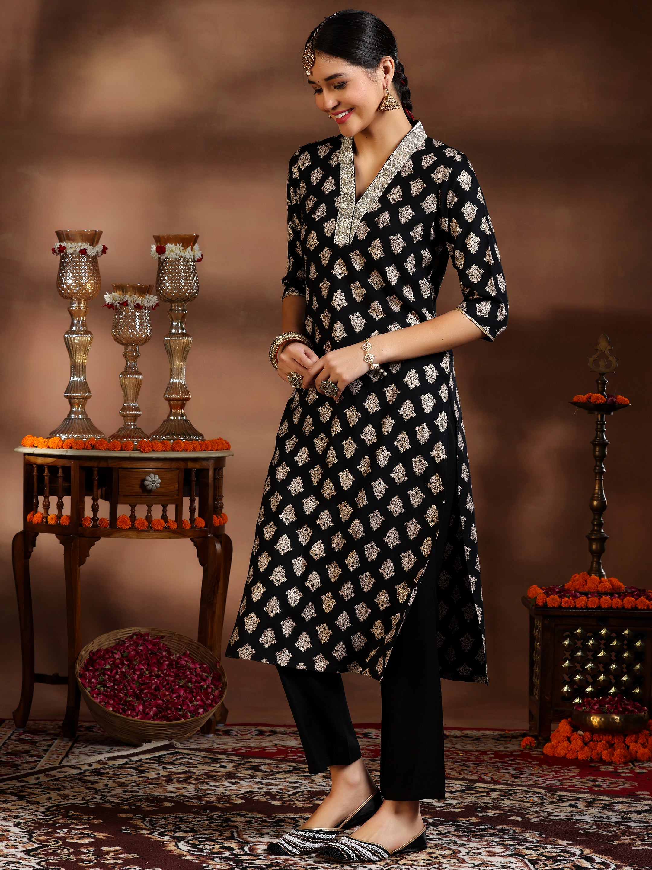 Black Printed Silk Blend Straight Suit With Dupatta