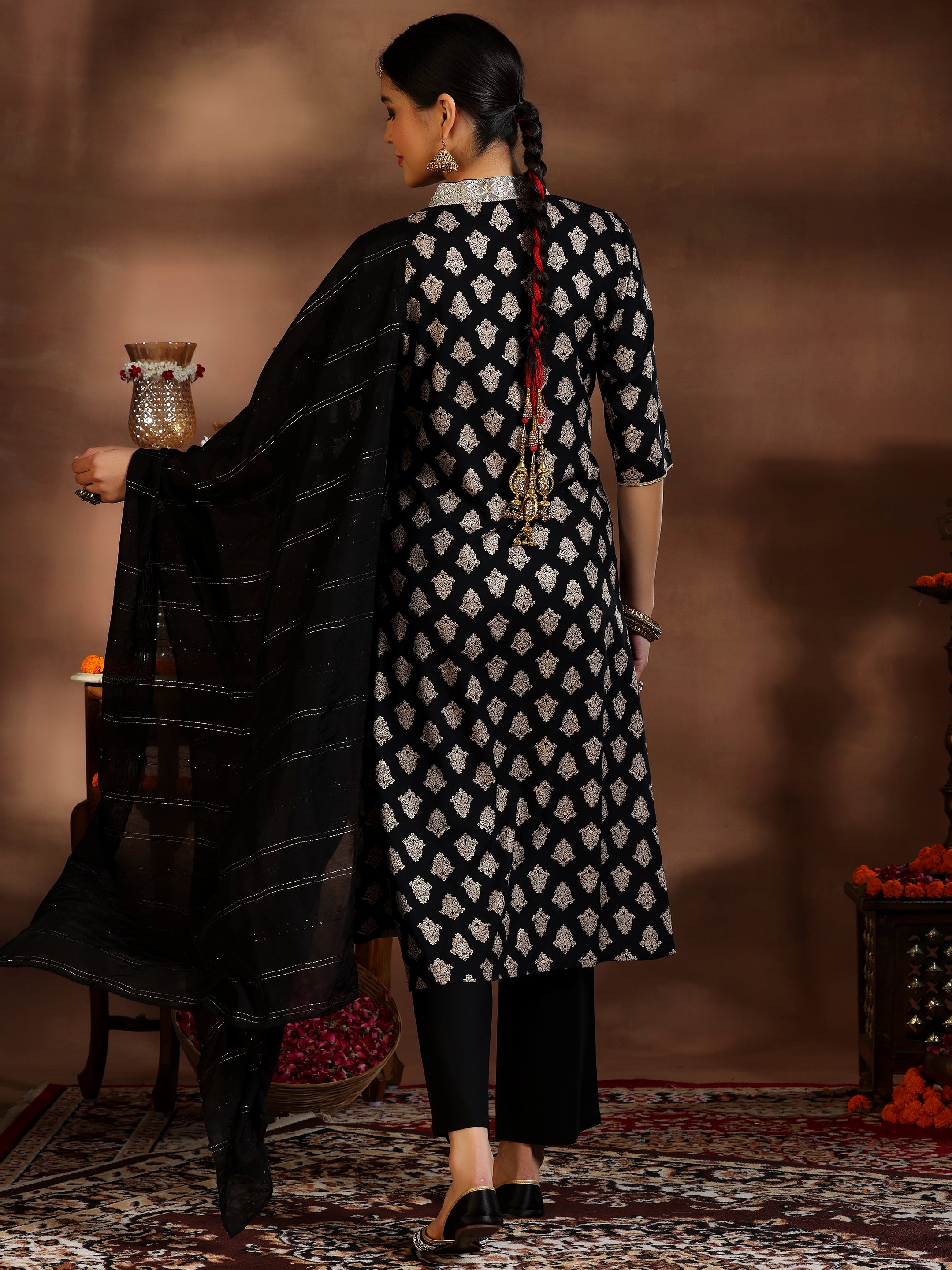 Black Printed Silk Blend Straight Suit With Dupatta