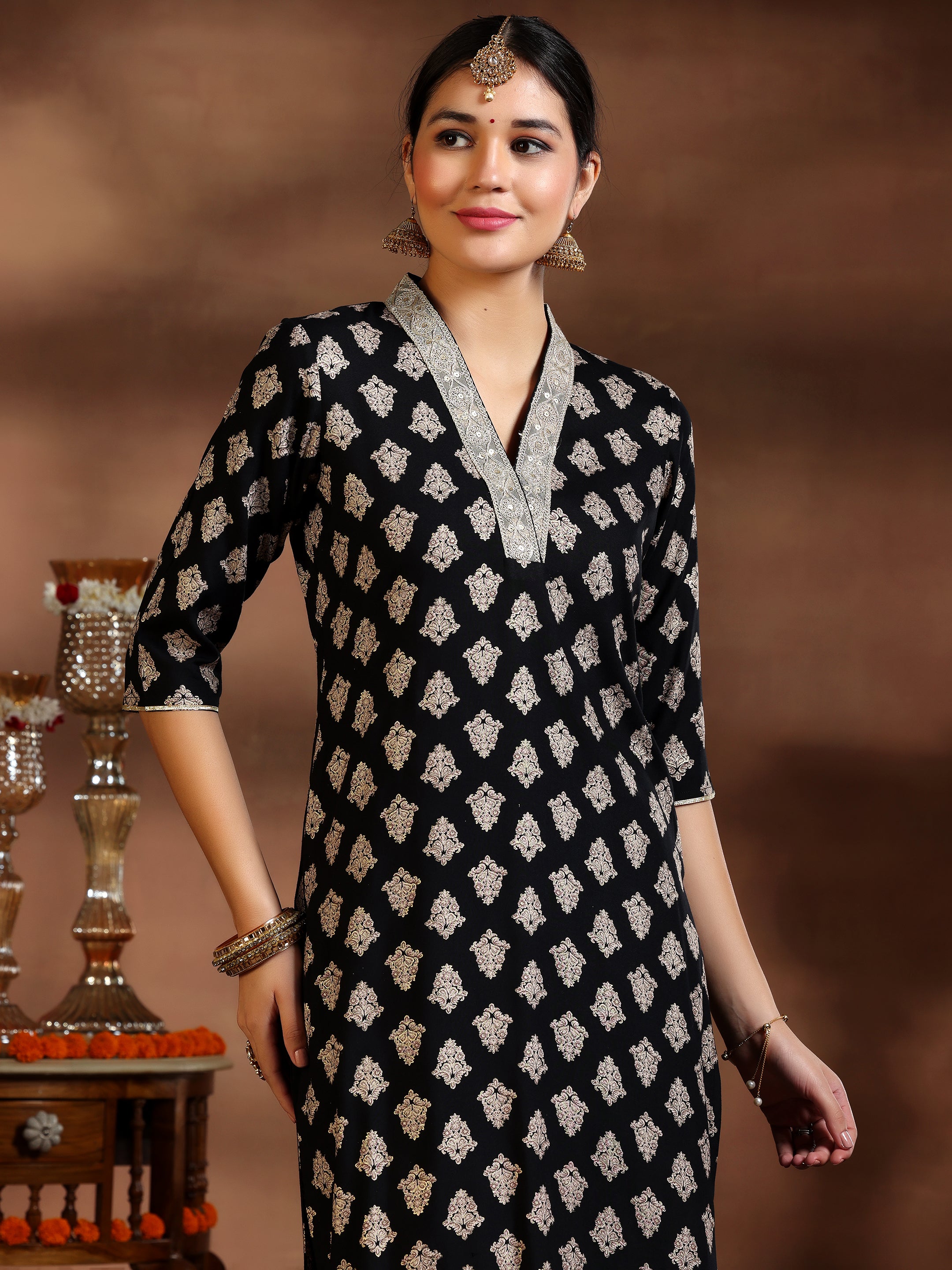 Black Printed Silk Blend Straight Suit With Dupatta