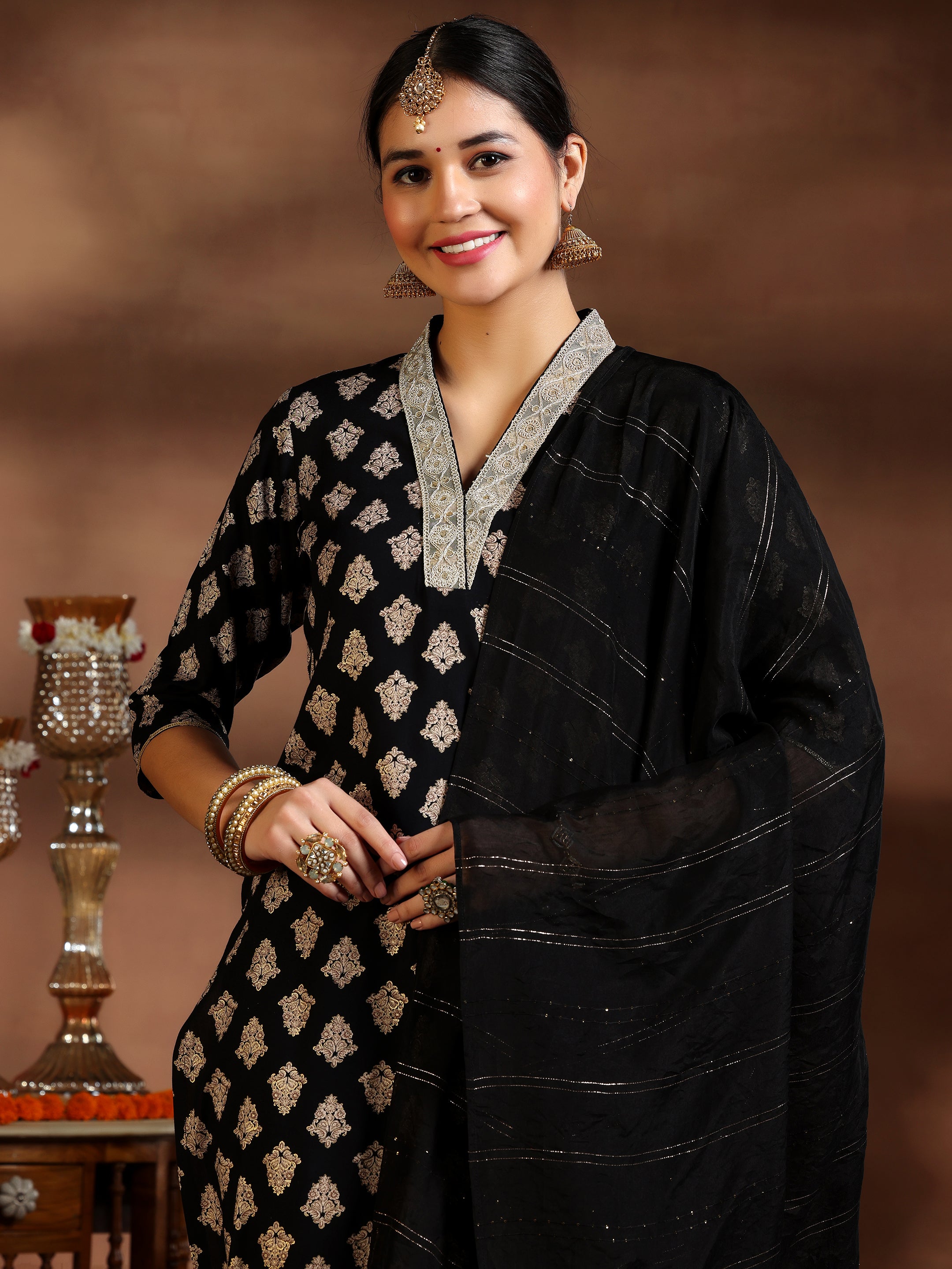 Black Printed Silk Blend Straight Suit With Dupatta