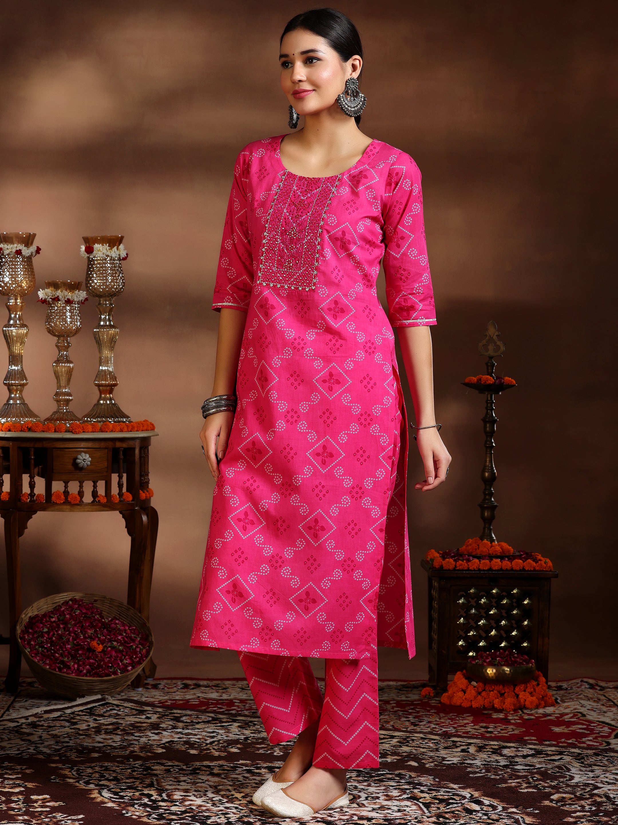 Pink Printed Cotton Straight Suit With Dupatta