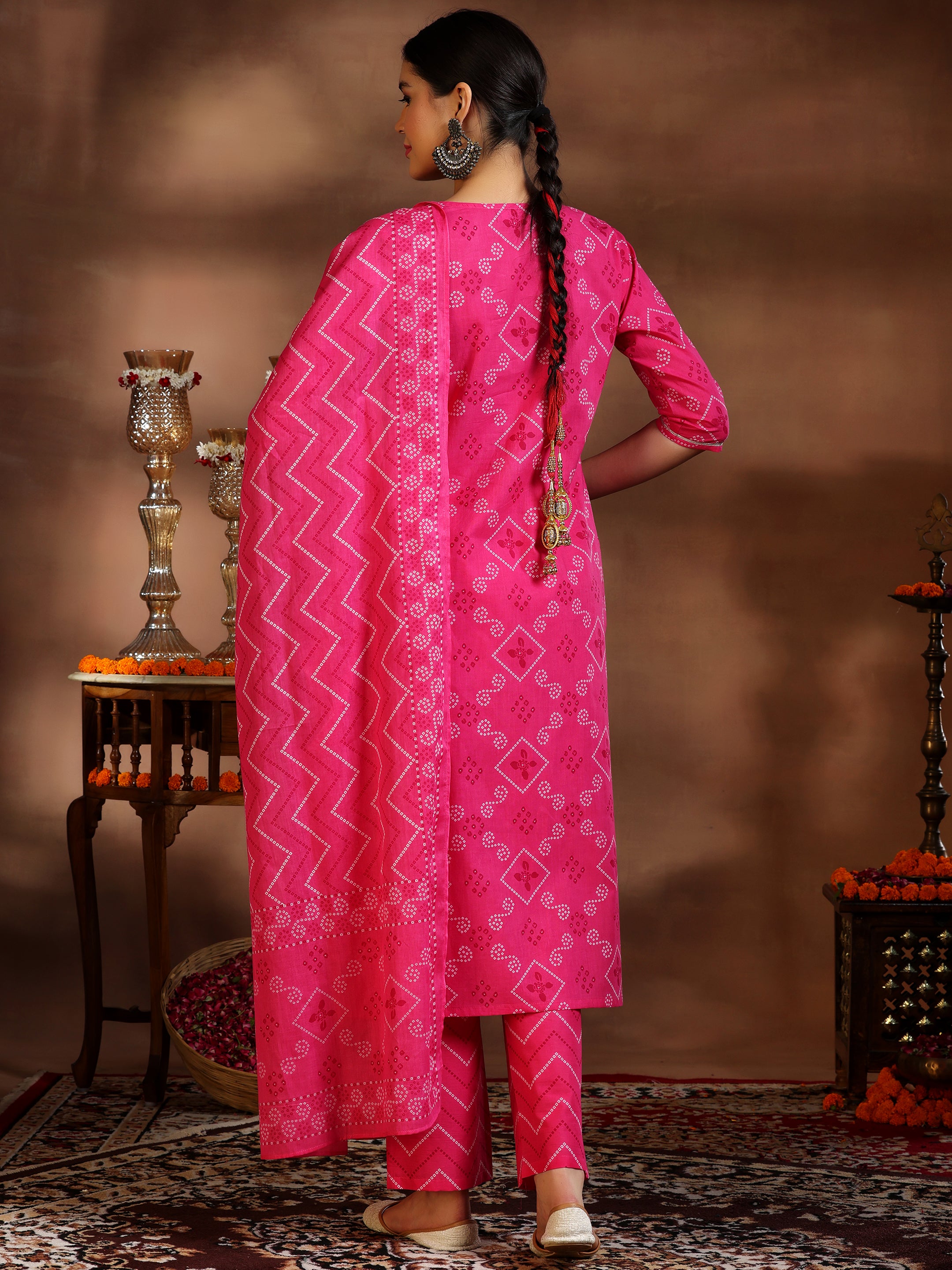 Pink Printed Cotton Straight Suit With Dupatta