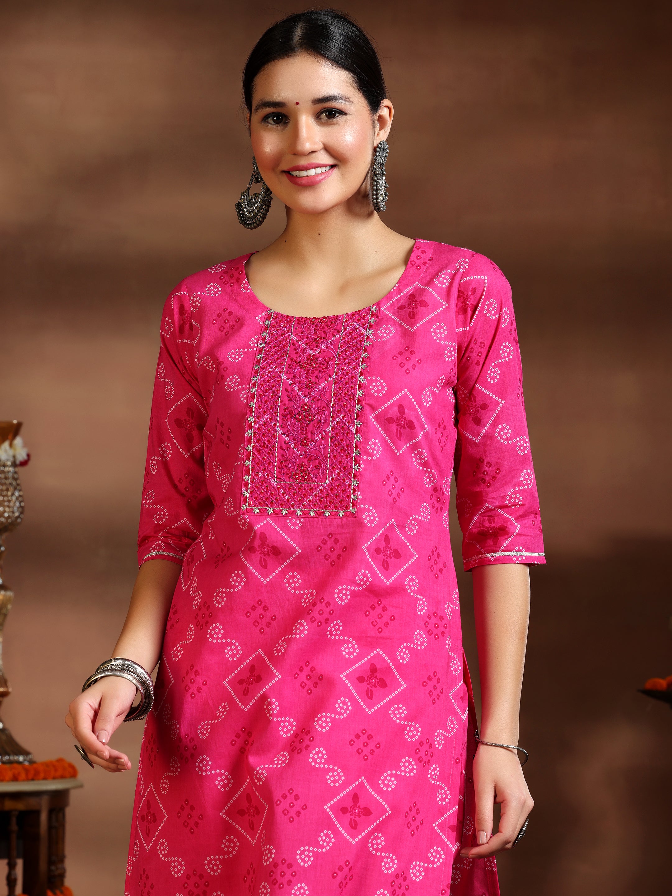 Pink Printed Cotton Straight Suit With Dupatta