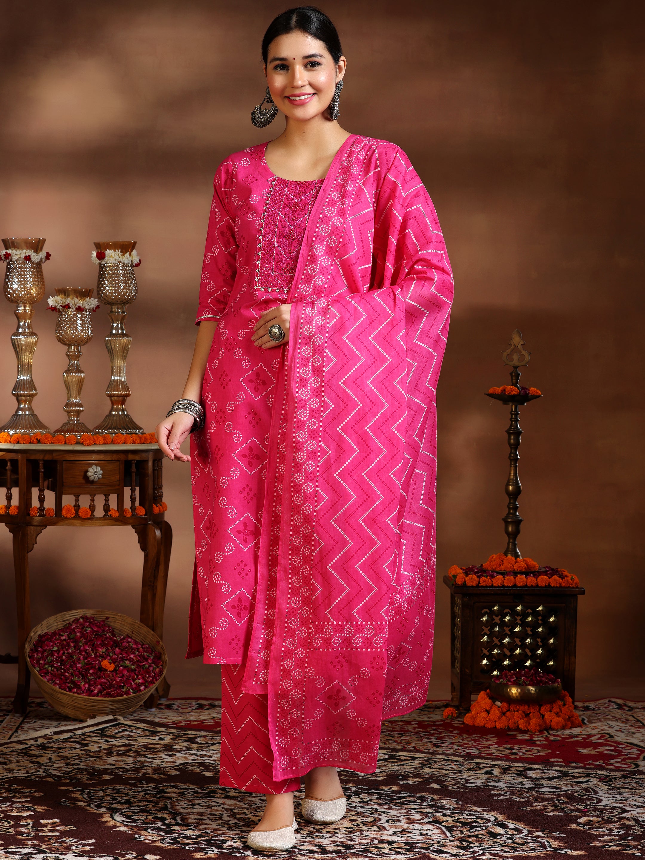 Pink Printed Cotton Straight Suit With Dupatta