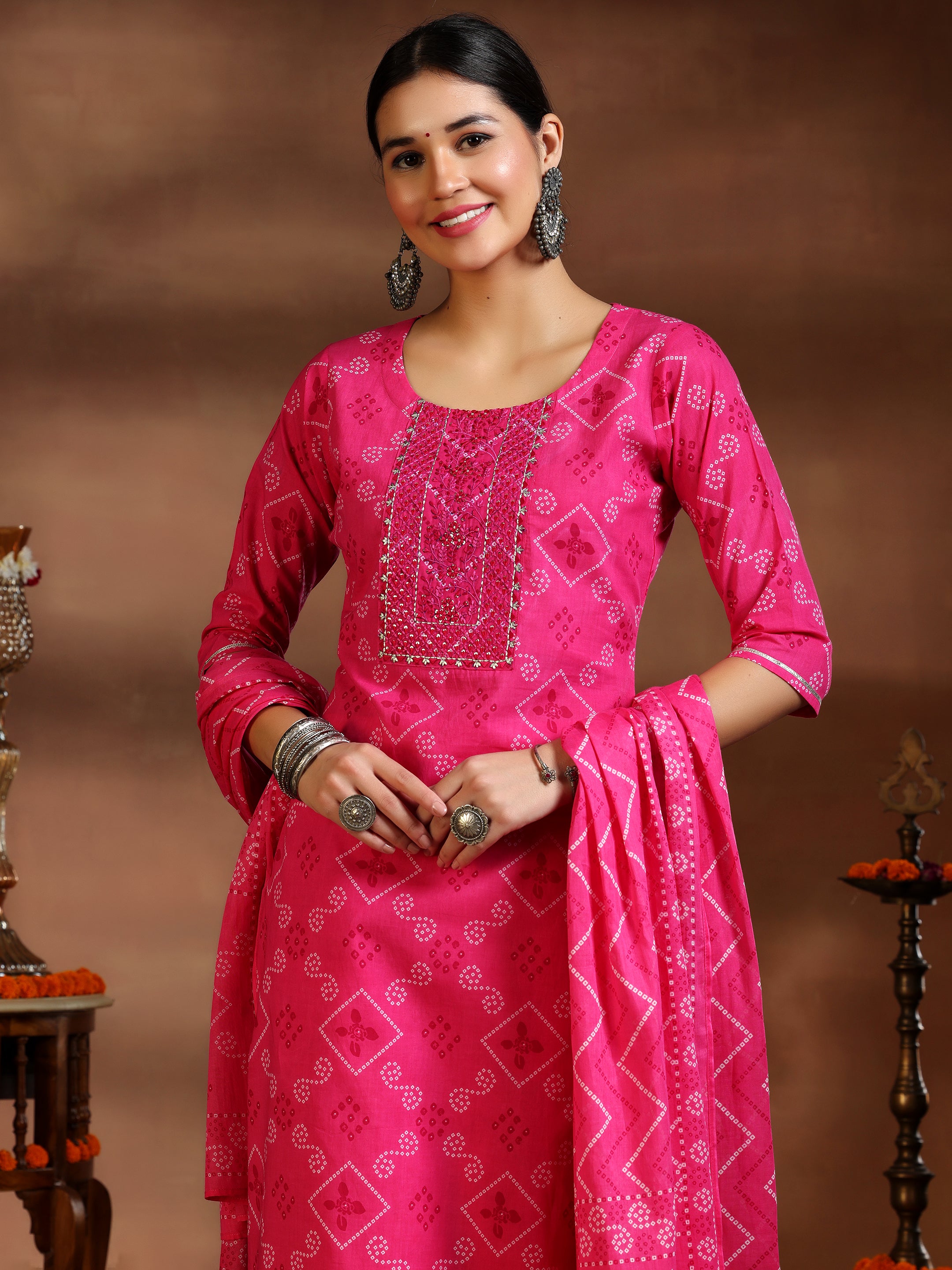 Pink Printed Cotton Straight Suit With Dupatta