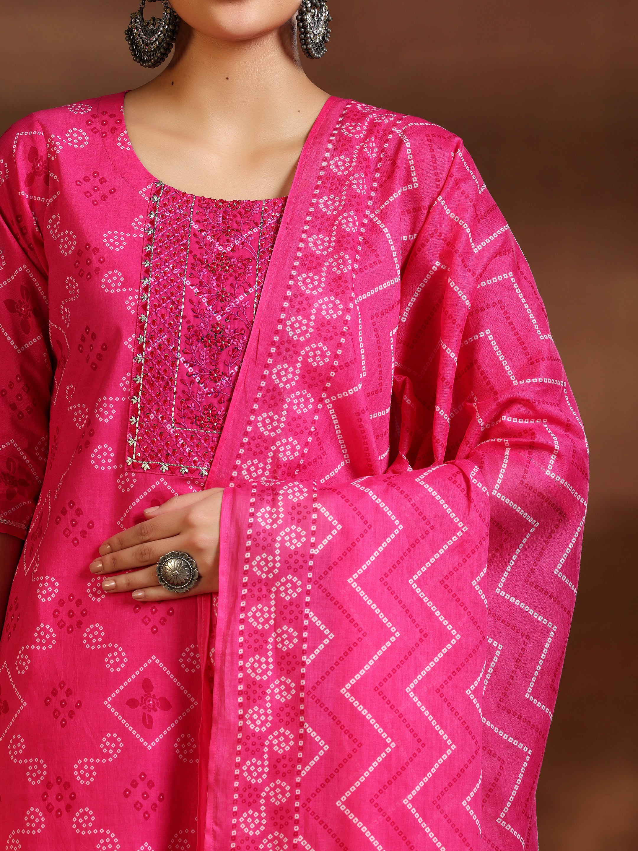 Pink Printed Cotton Straight Suit With Dupatta