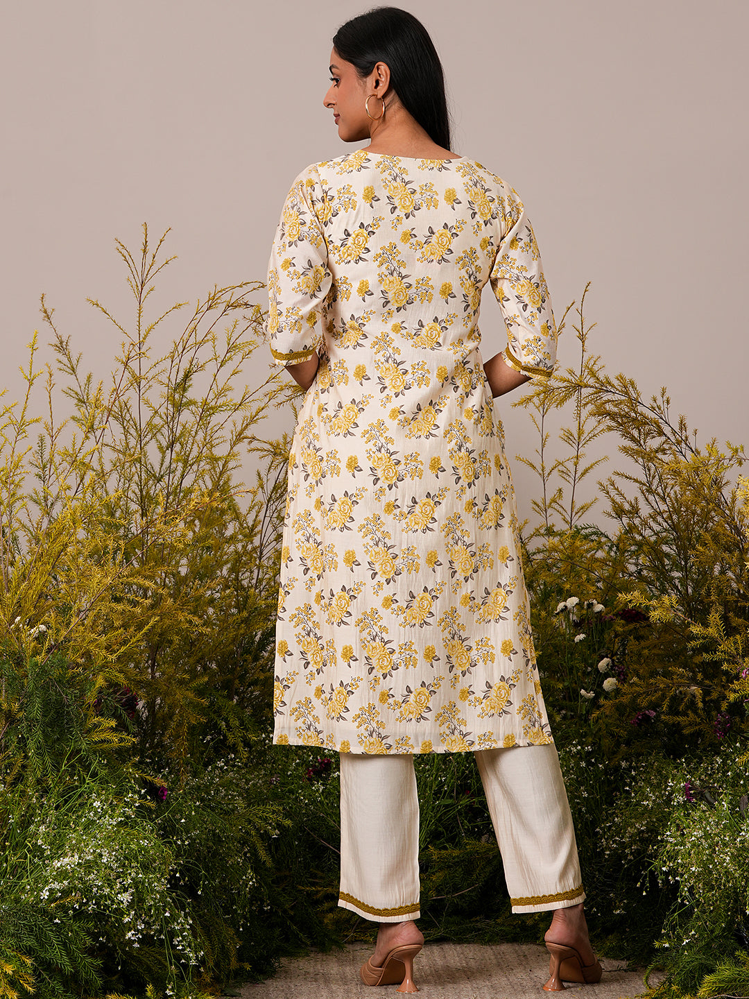 Beige Printed Chanderi Silk Straight Kurta Set