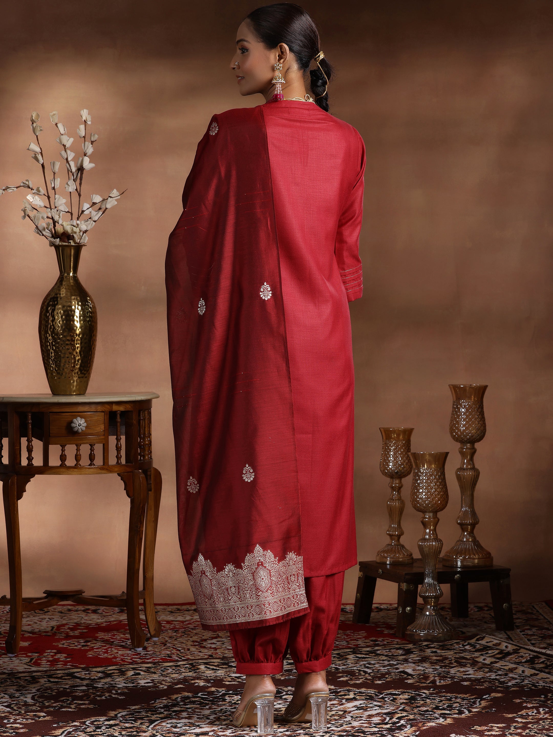 Maroon Solid Silk Blend Straight Suit With Dupatta