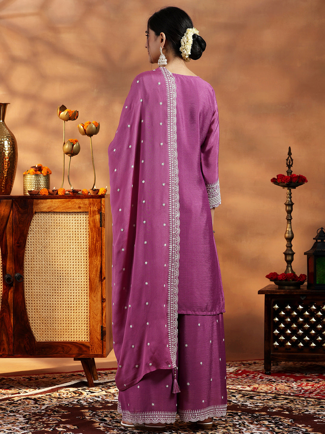 Mauve Embroidered Silk Blend Straight Suit With Dupatta