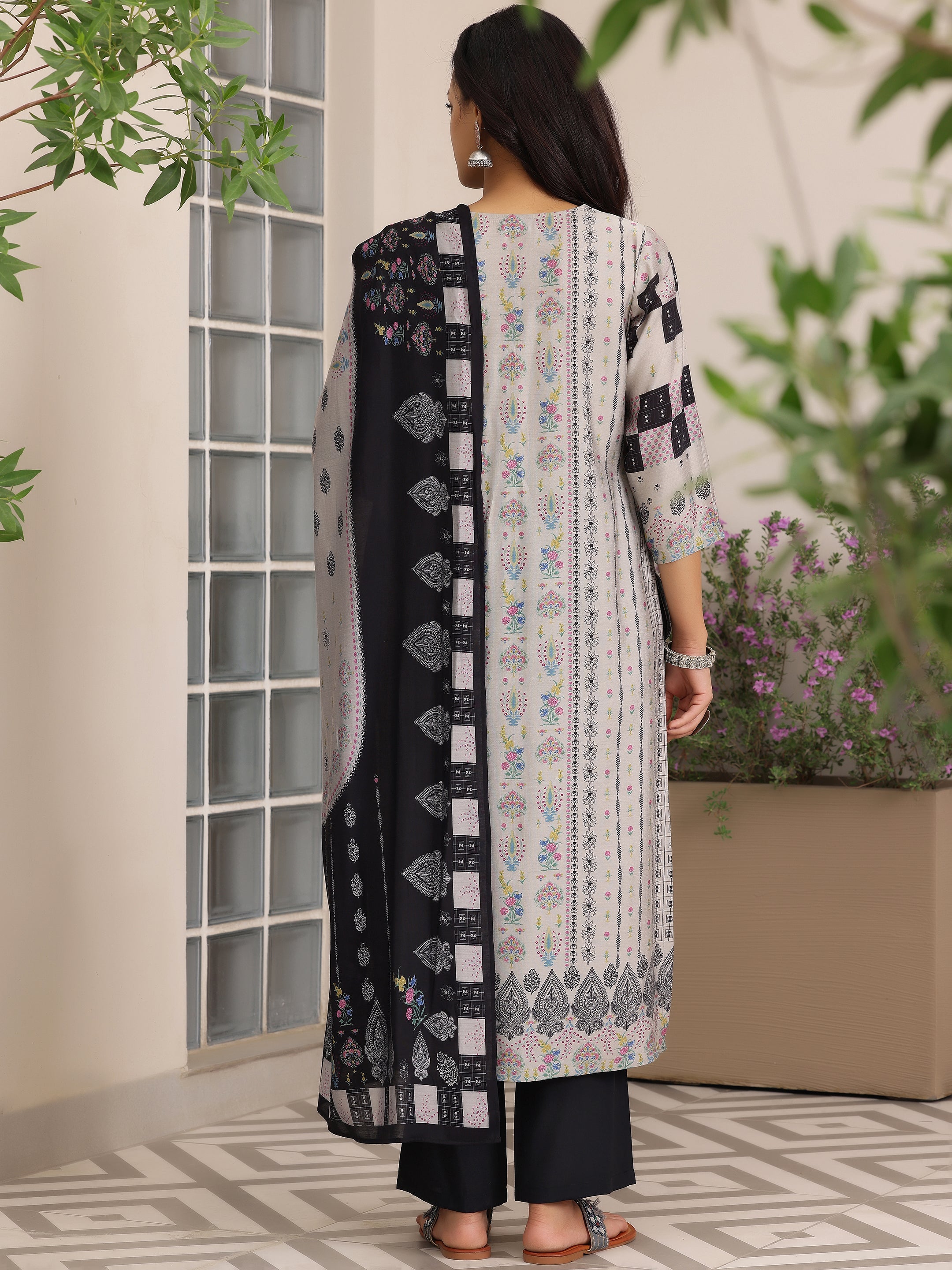 Grey Printed Silk Blend Straight Suit With Dupatta