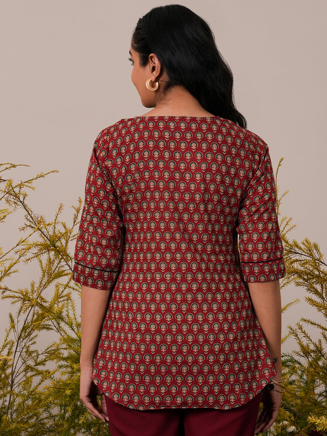 Maroon Printed Cotton A-Line Kurti