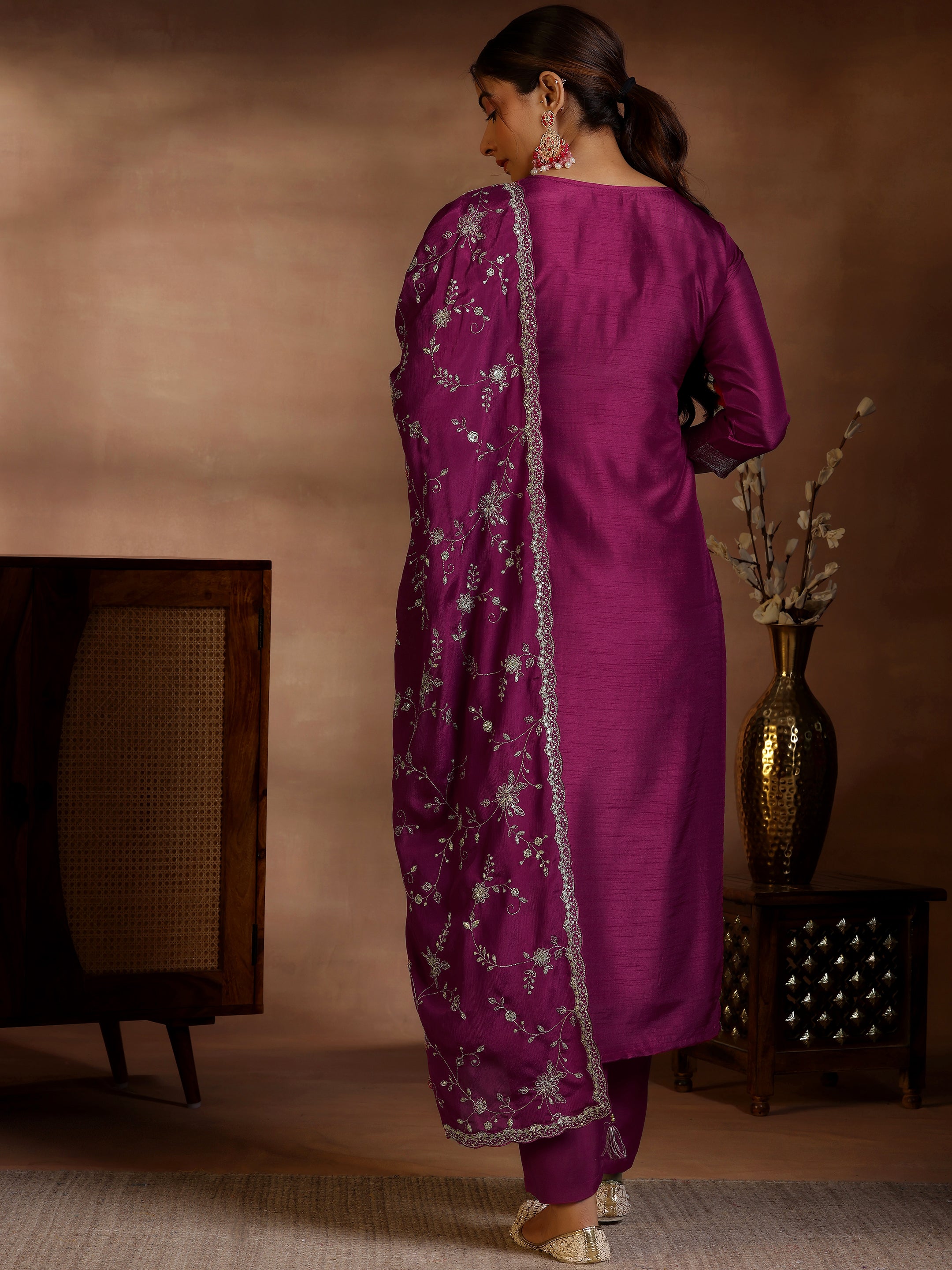 Burgundy Woven Design Silk Blend Straight Suit With Dupatta